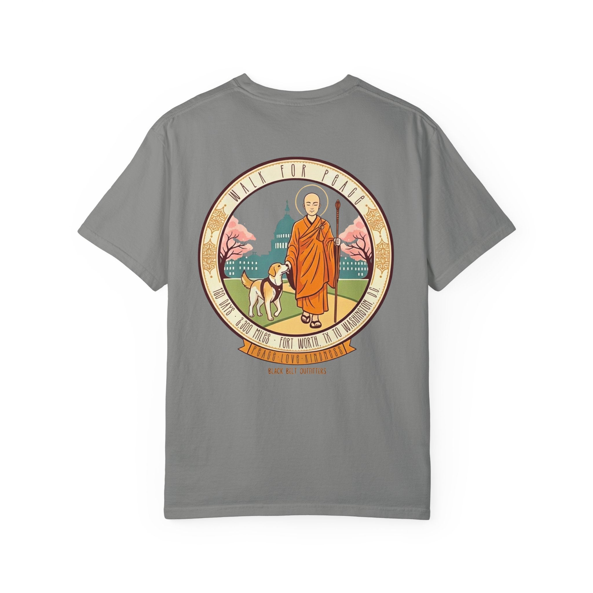 Walk for Peace T‑Shirt — Buddhist Monk & Dog Illustration