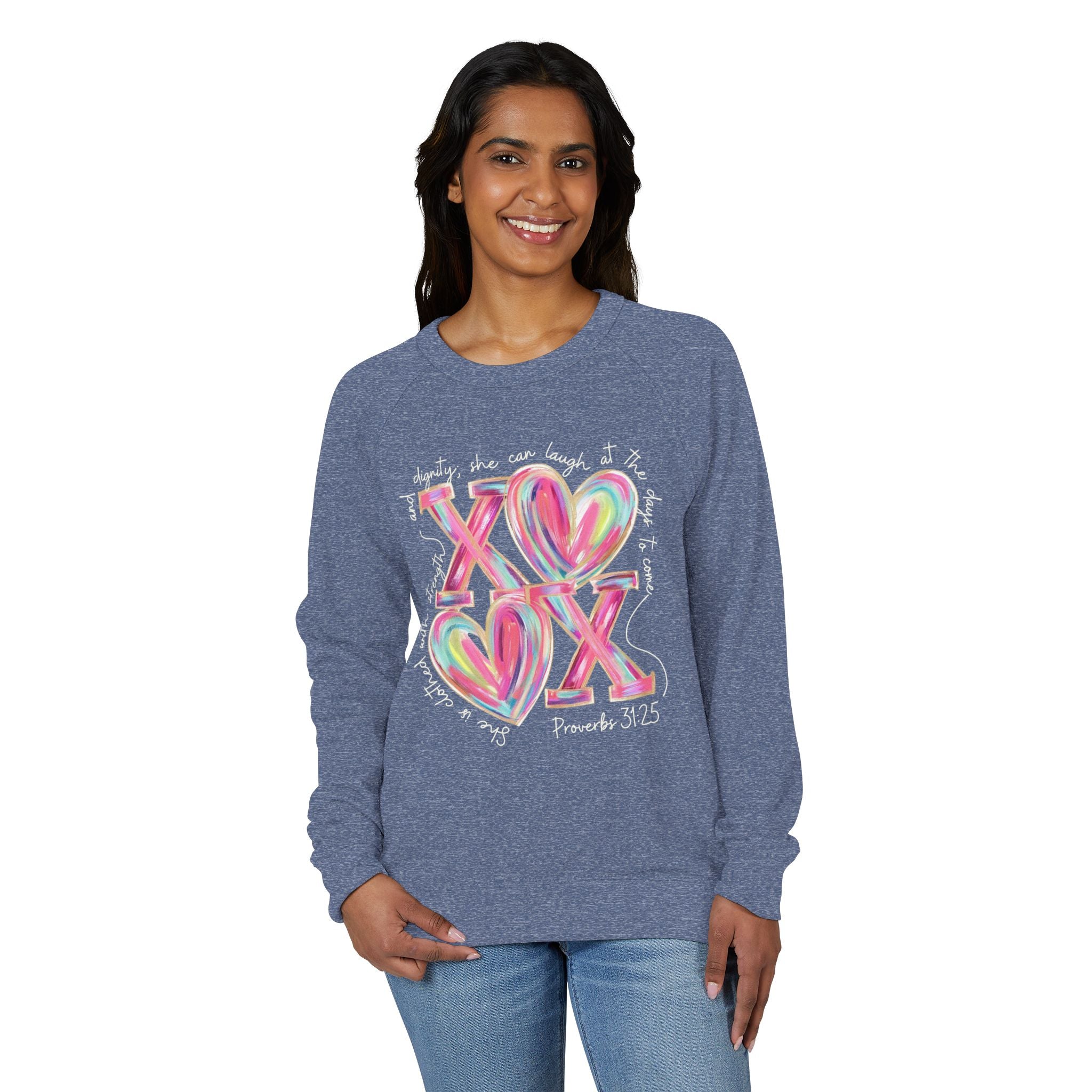 XO Proverbs 31:25 She is clothed - Raglan Crewneck Sweatshirt — Colorful Faith Graphic