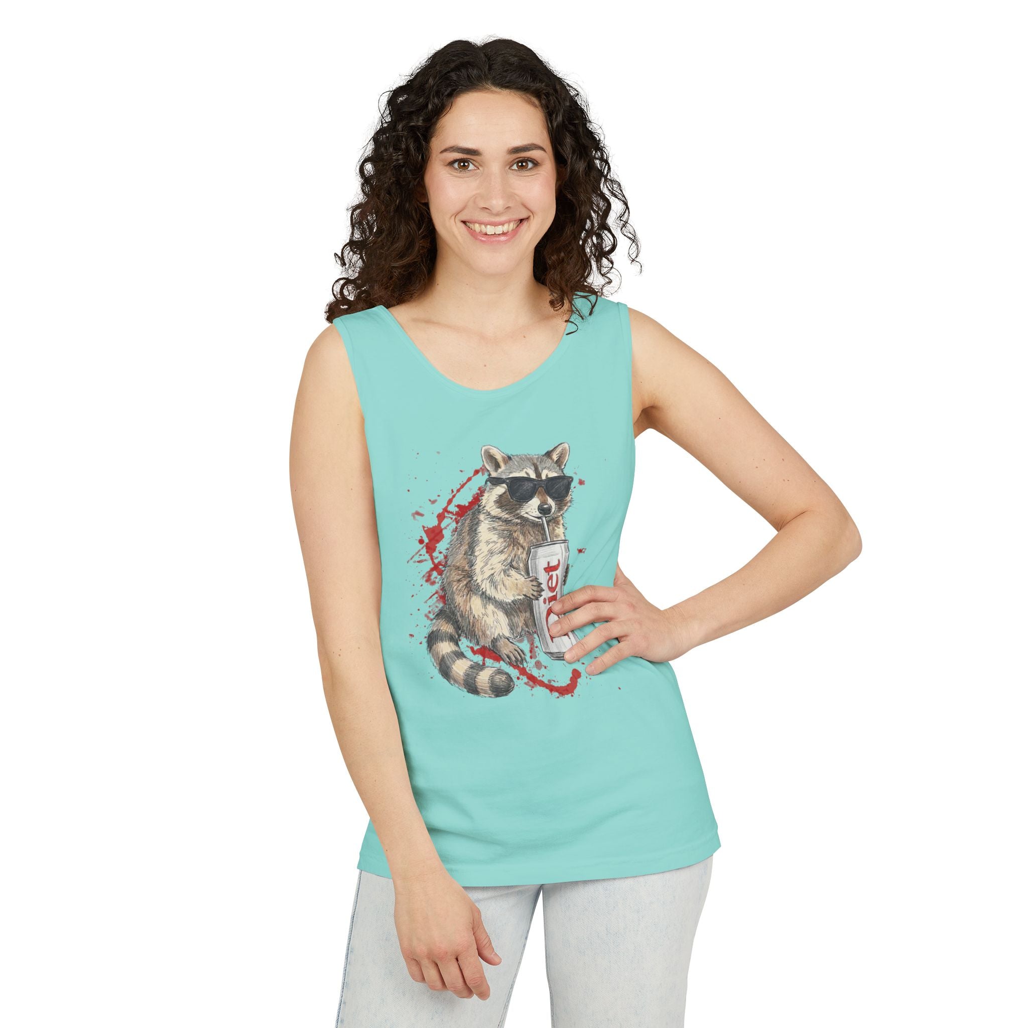Soda Drinking, Sunglasses, Raccoon Tank Top