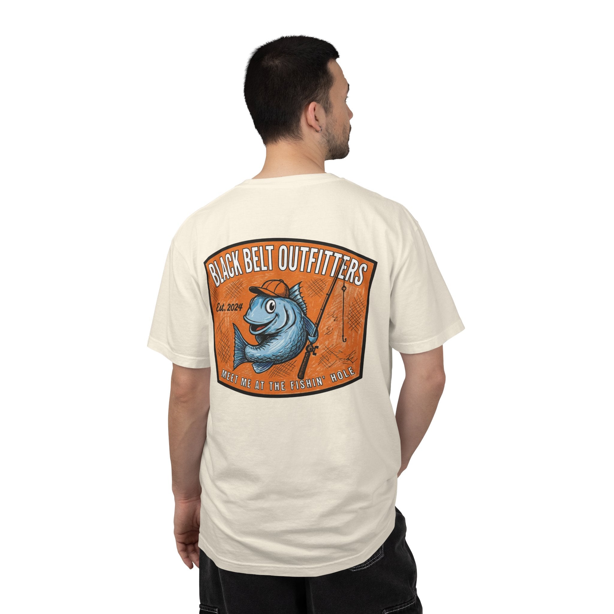 Meet Me at the Fishin’ Hole Fishing Logo T-Shirt — “Black Belt Outfitters” Vintage Fish Graphic