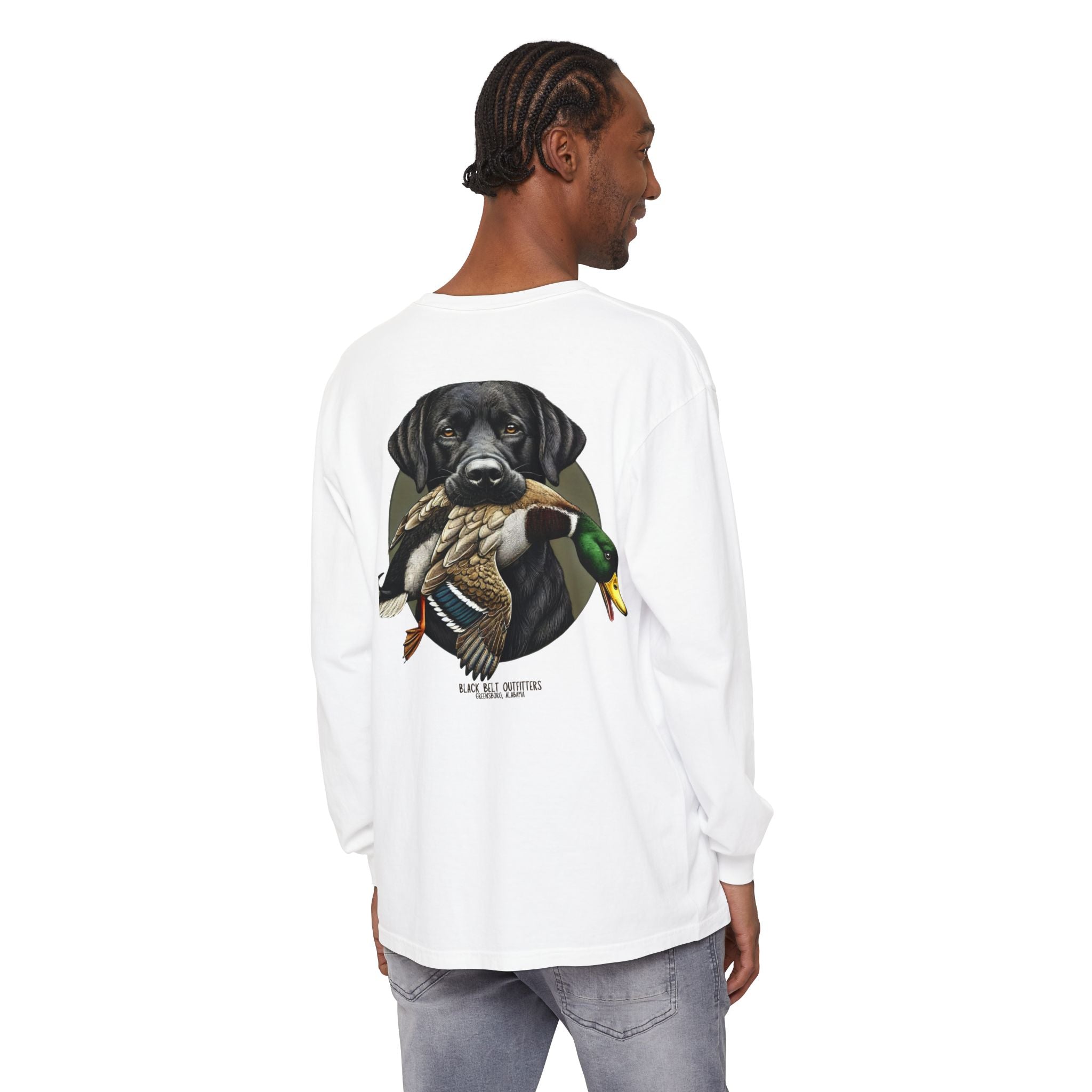 Black Lab Duck Dog Unisex Garment-Dyed Long Sleeve T-Shirt, Casual Wear, Gift for Him/Her, Streetwear, Everyday Comfort, Comfortable Layering