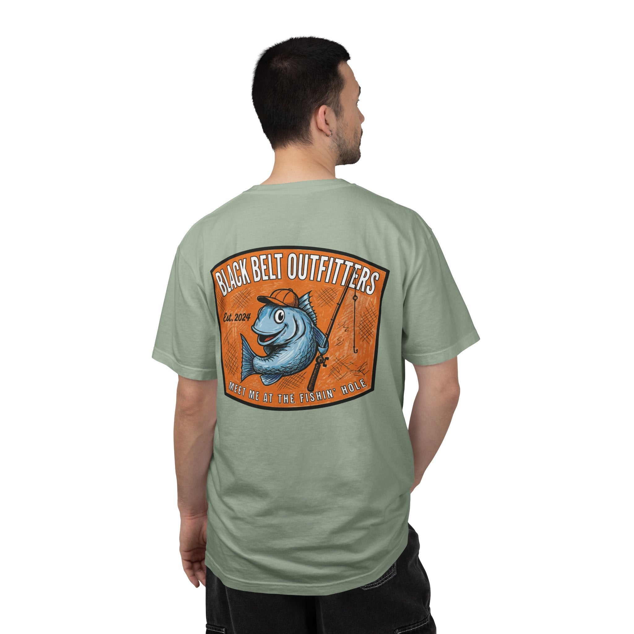 Meet Me at the Fishin’ Hole Fishing Logo T-Shirt — “Black Belt Outfitters” Vintage Fish Graphic
