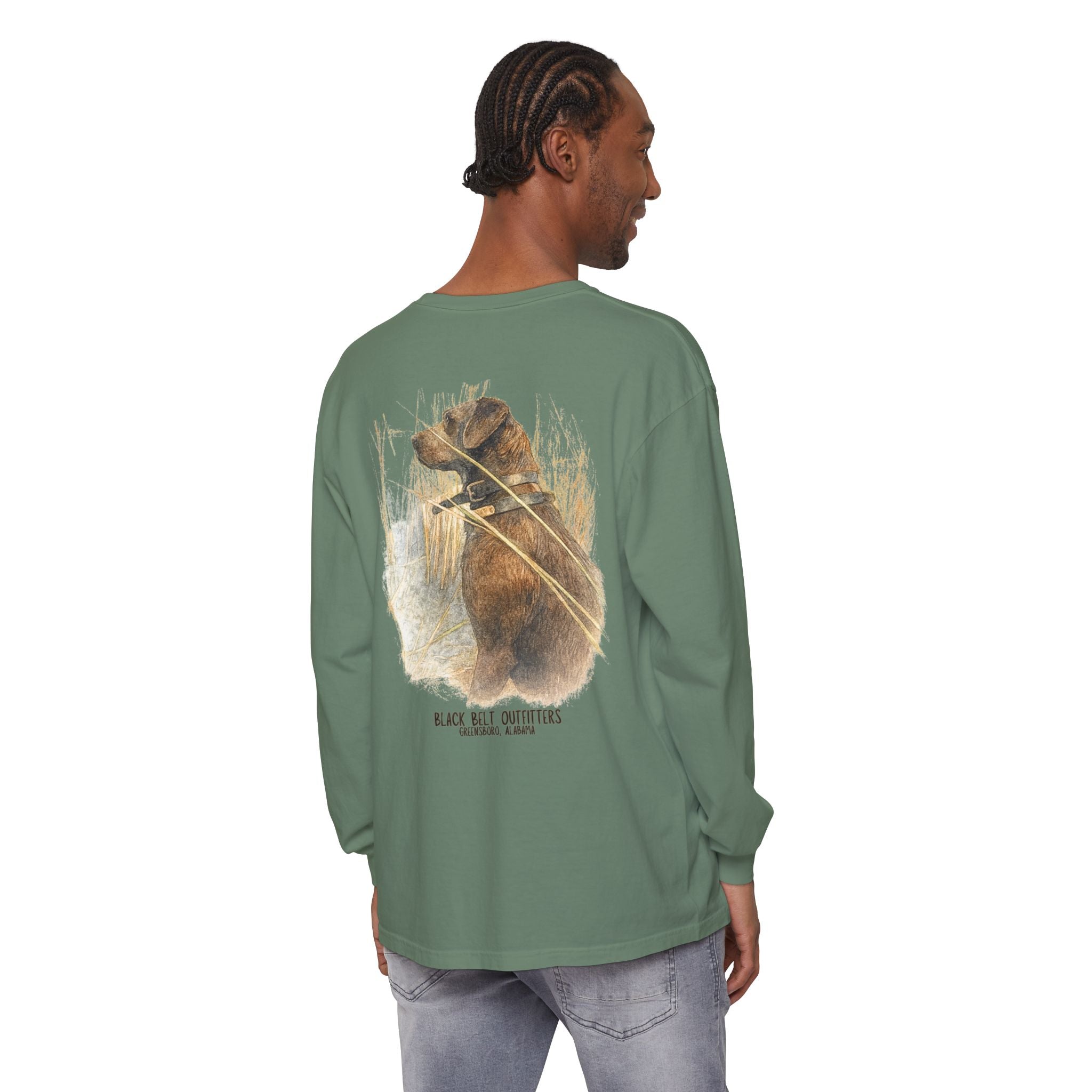 Mae the Duck Dog Lab Unisex Garment-Dyed Long Sleeve T-Shirt, Casual Wear, Gift for Him/Her, Streetwear, Everyday Comfort, Comfortable Layering
