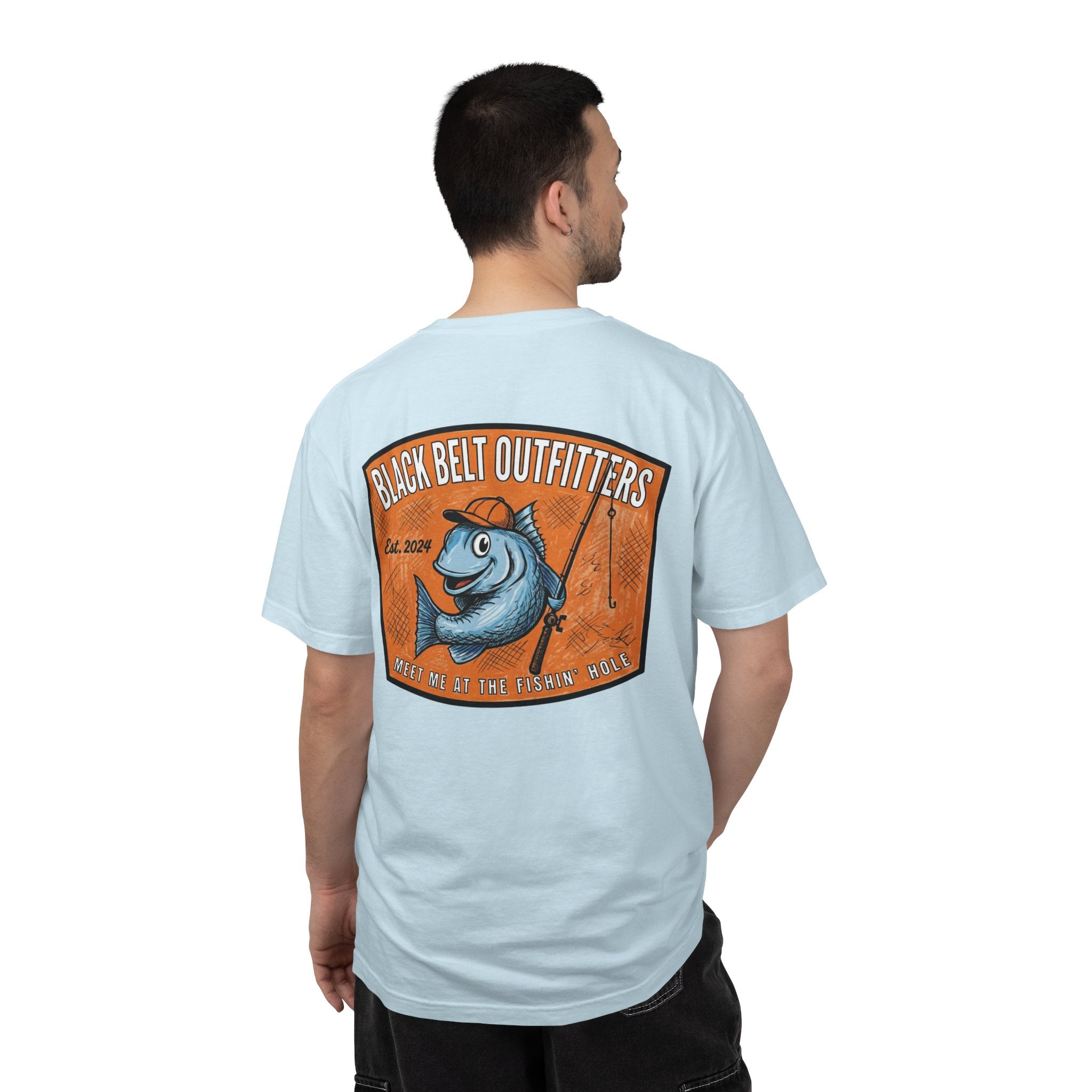 Meet Me at the Fishin’ Hole Fishing Logo T-Shirt — “Black Belt Outfitters” Vintage Fish Graphic