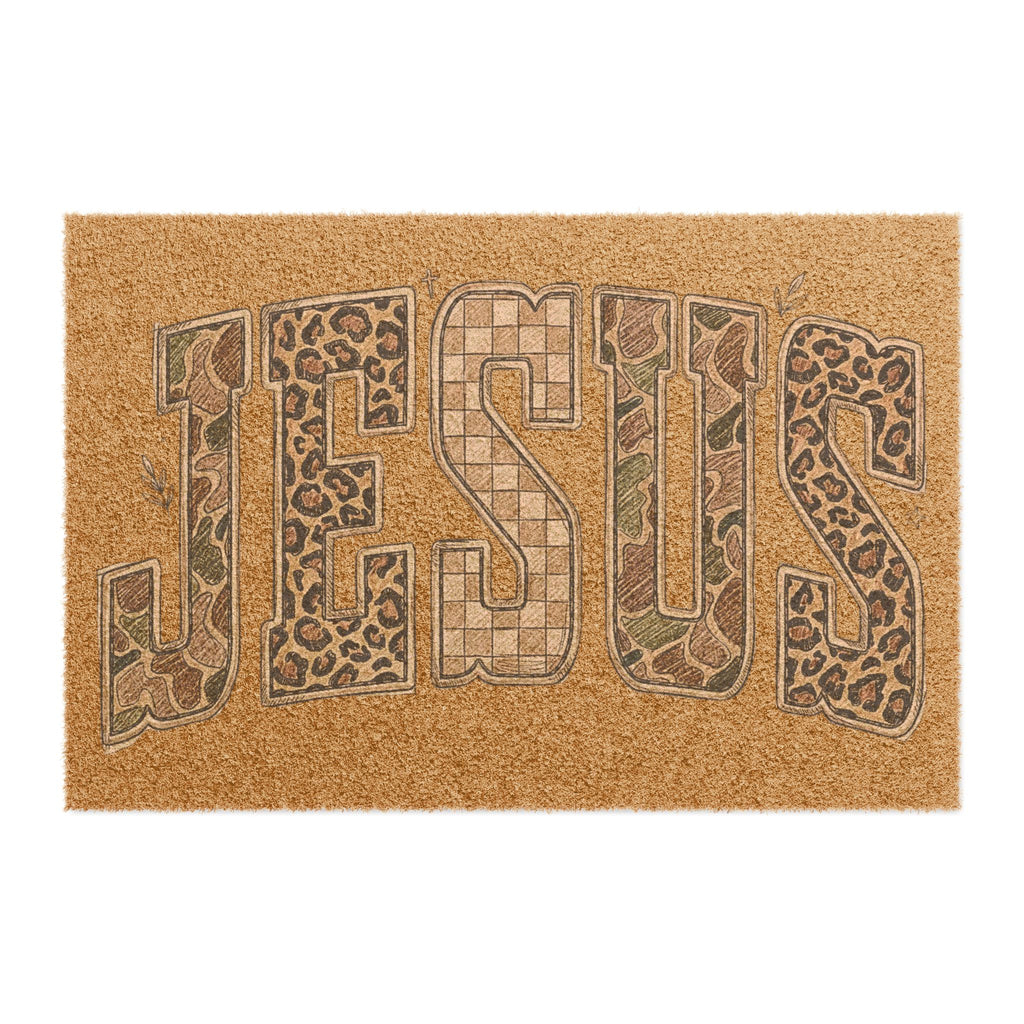 Jesus Doormat - Rustic Leopard Patchwork Welcome Mat for Faith Home