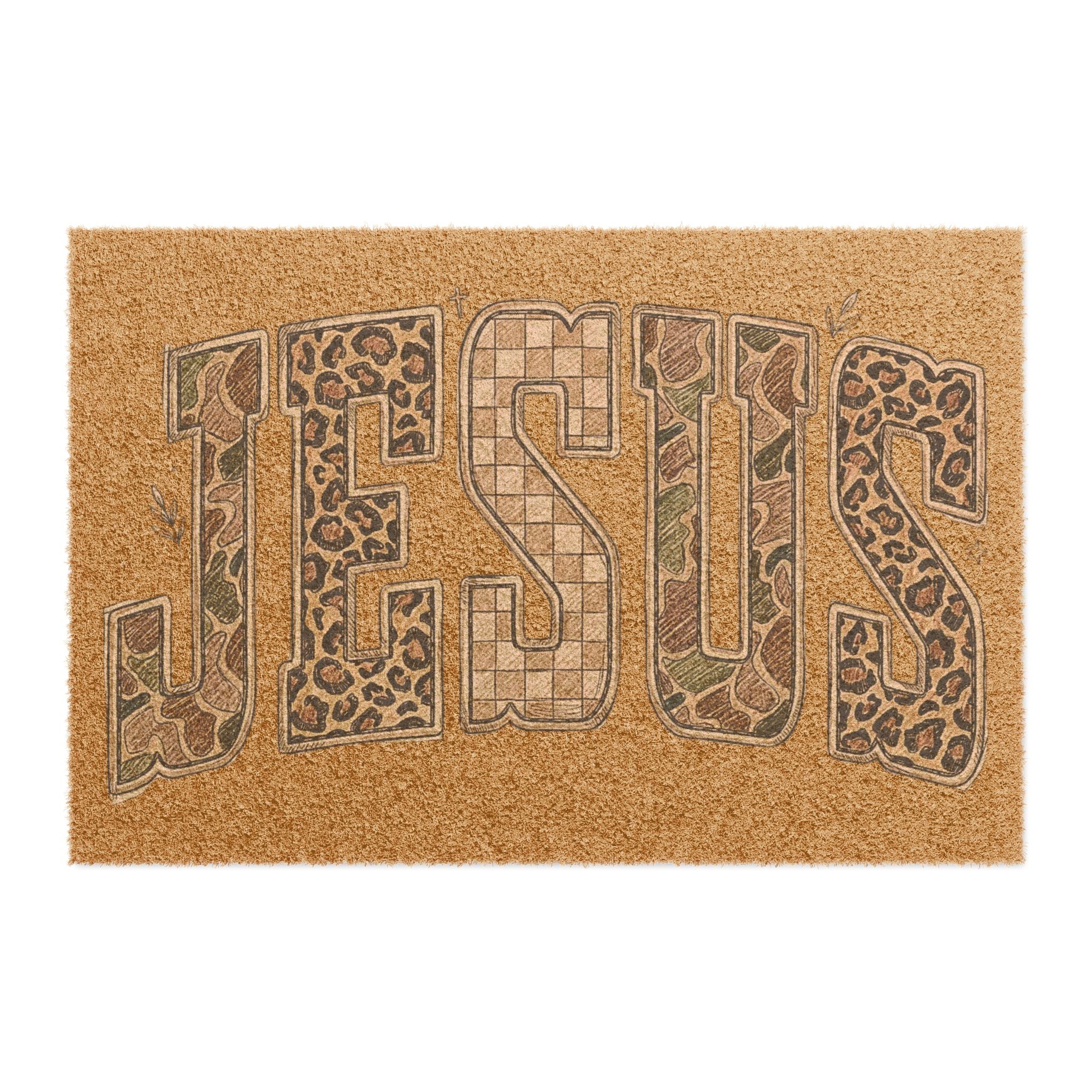 Jesus Doormat - Rustic Leopard Patchwork Welcome Mat for Faith Home