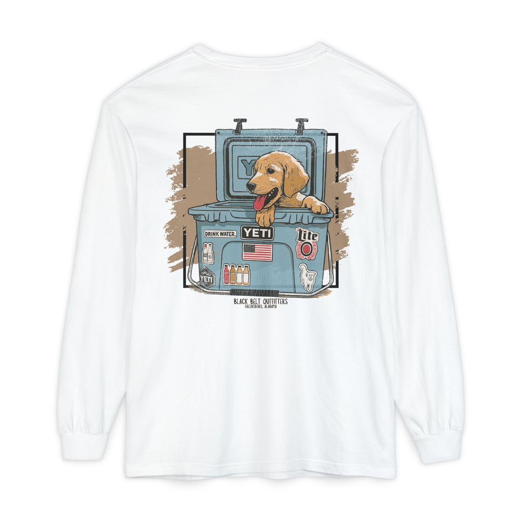 Lab Puppy in Cooler Unisex Garment-Dyed Long Sleeve T-Shirt, Casual Wear, Gift for Him/Her, Streetwear, Everyday Comfort, Comfortable Layering