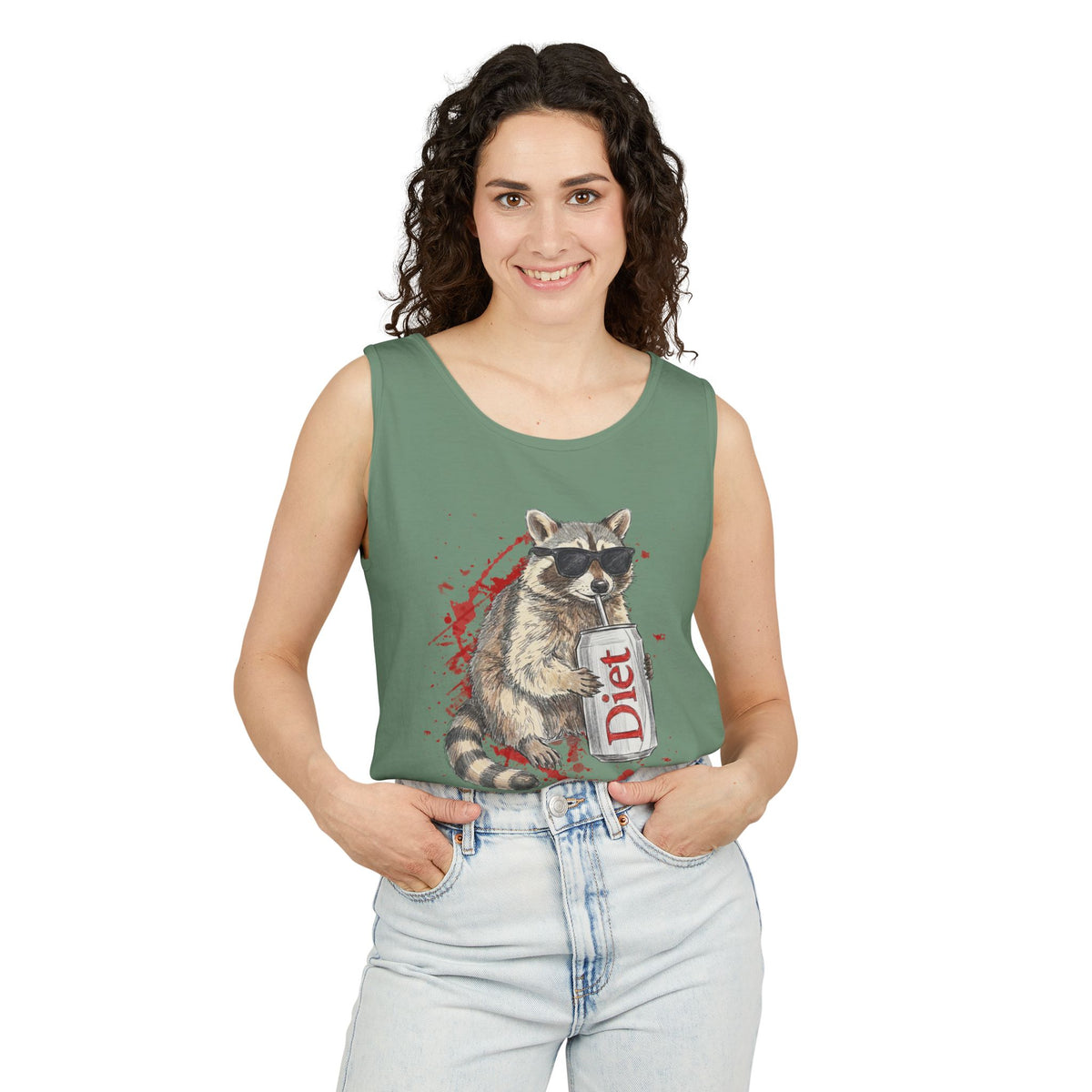 Soda Drinking, Sunglasses, Raccoon Tank Top