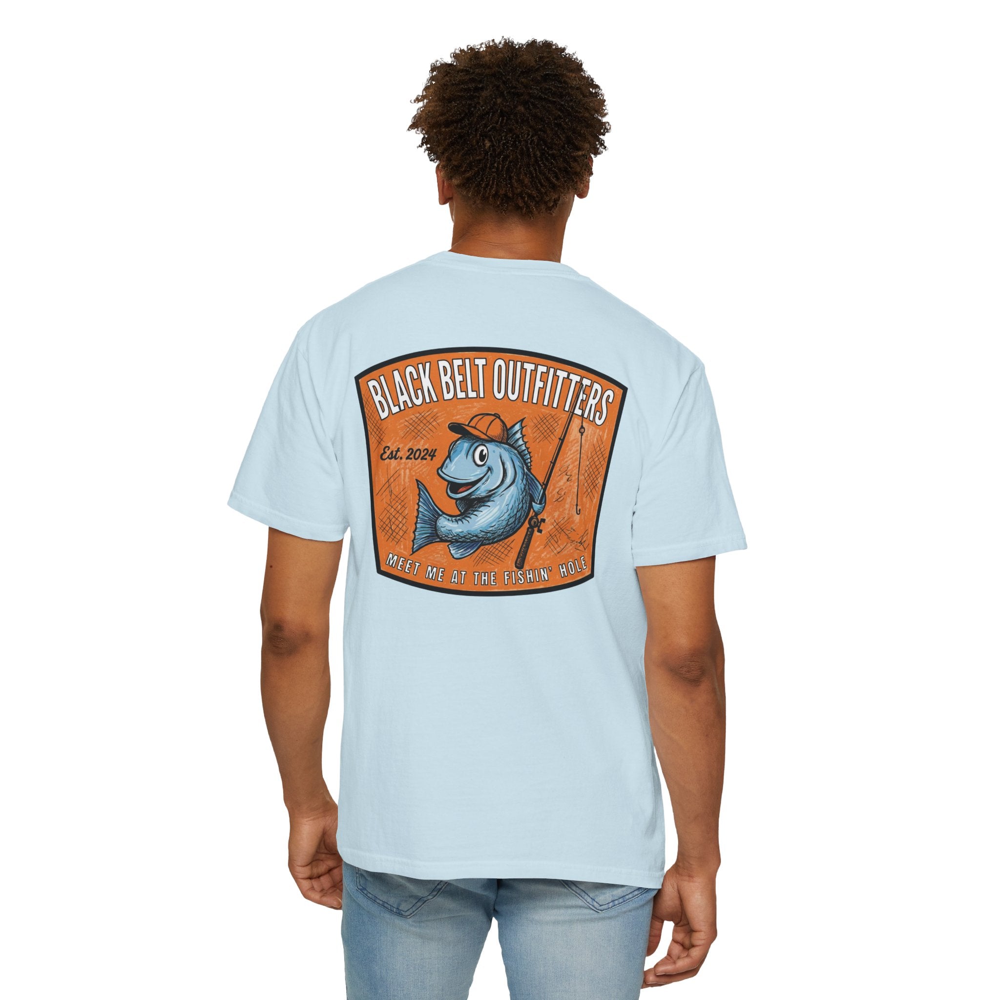 Meet Me at the Fishin’ Hole Fishing Logo T-Shirt — “Black Belt Outfitters” Vintage Fish Graphic