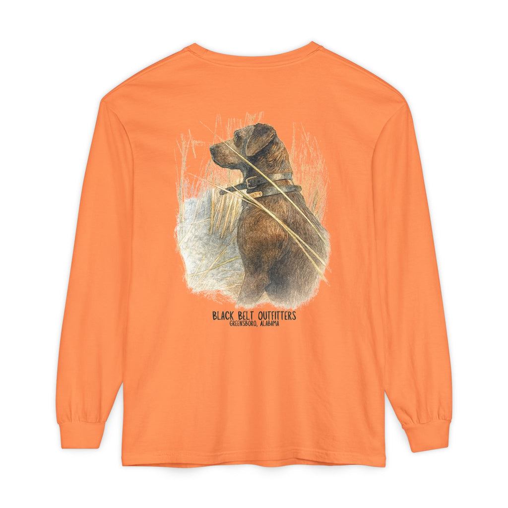Mae the Duck Dog Lab Unisex Garment-Dyed Long Sleeve T-Shirt, Casual Wear, Gift for Him/Her, Streetwear, Everyday Comfort, Comfortable Layering