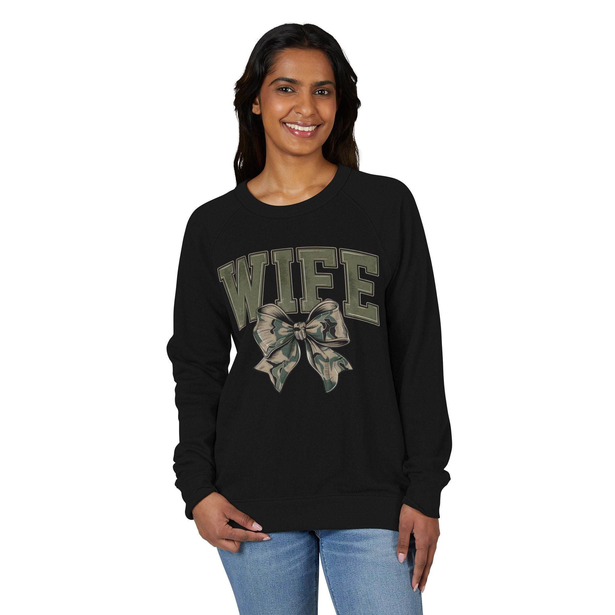 WIFE Camo Bow Crewneck Sweatshirt – Military-Inspired Cozy Pullover for Brides & Military Spouses