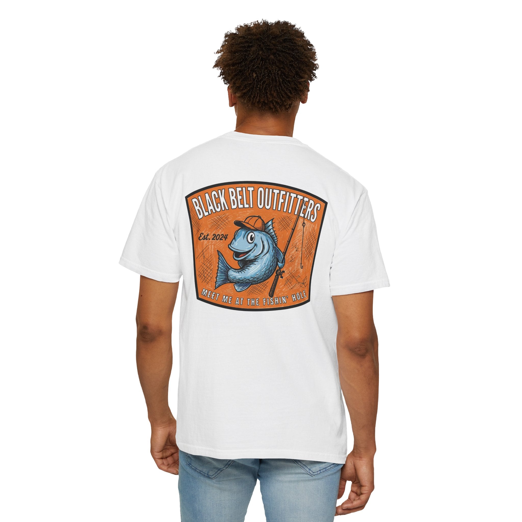 Meet Me at the Fishin’ Hole Fishing Logo T-Shirt — “Black Belt Outfitters” Vintage Fish Graphic