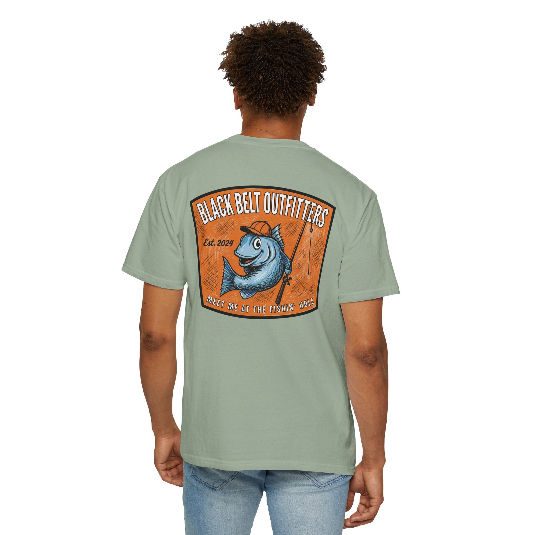 Meet Me at the Fishin’ Hole Fishing Logo T-Shirt — “Black Belt Outfitters” Vintage Fish Graphic