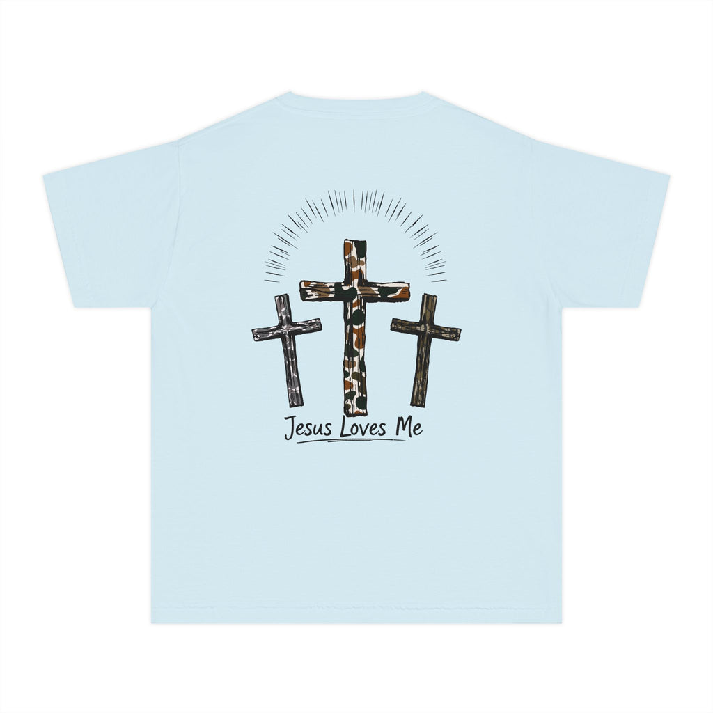 JESUS LOVES ME Camo Crosses Youth Midweight Tee - Fun Farm-Themed Shirt
