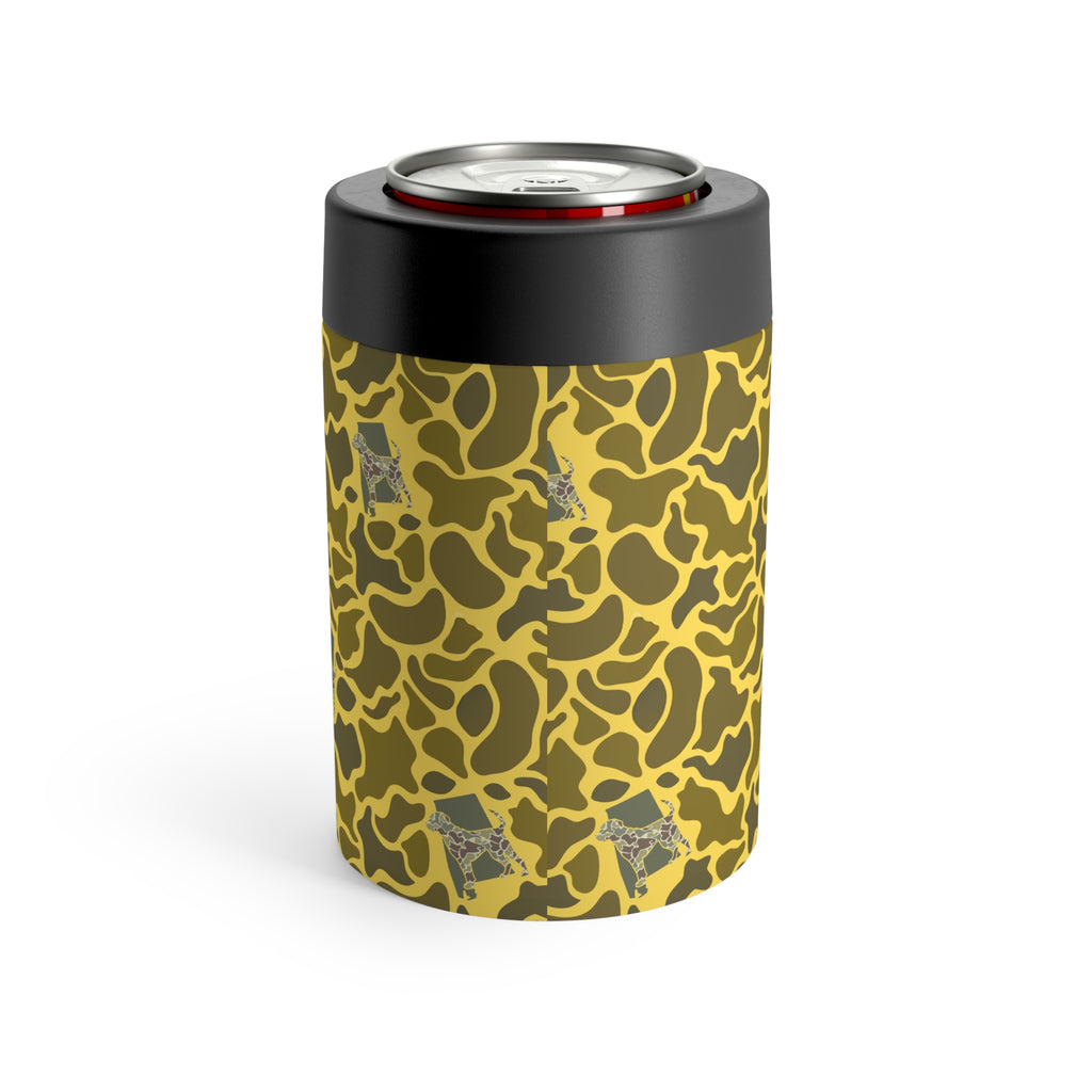 Black Belt Logo Yellow Camo Can Holder, Rustic Drink Insulator, Camping Accessory, Outdoor Party Favor, Unique Gifts for Him