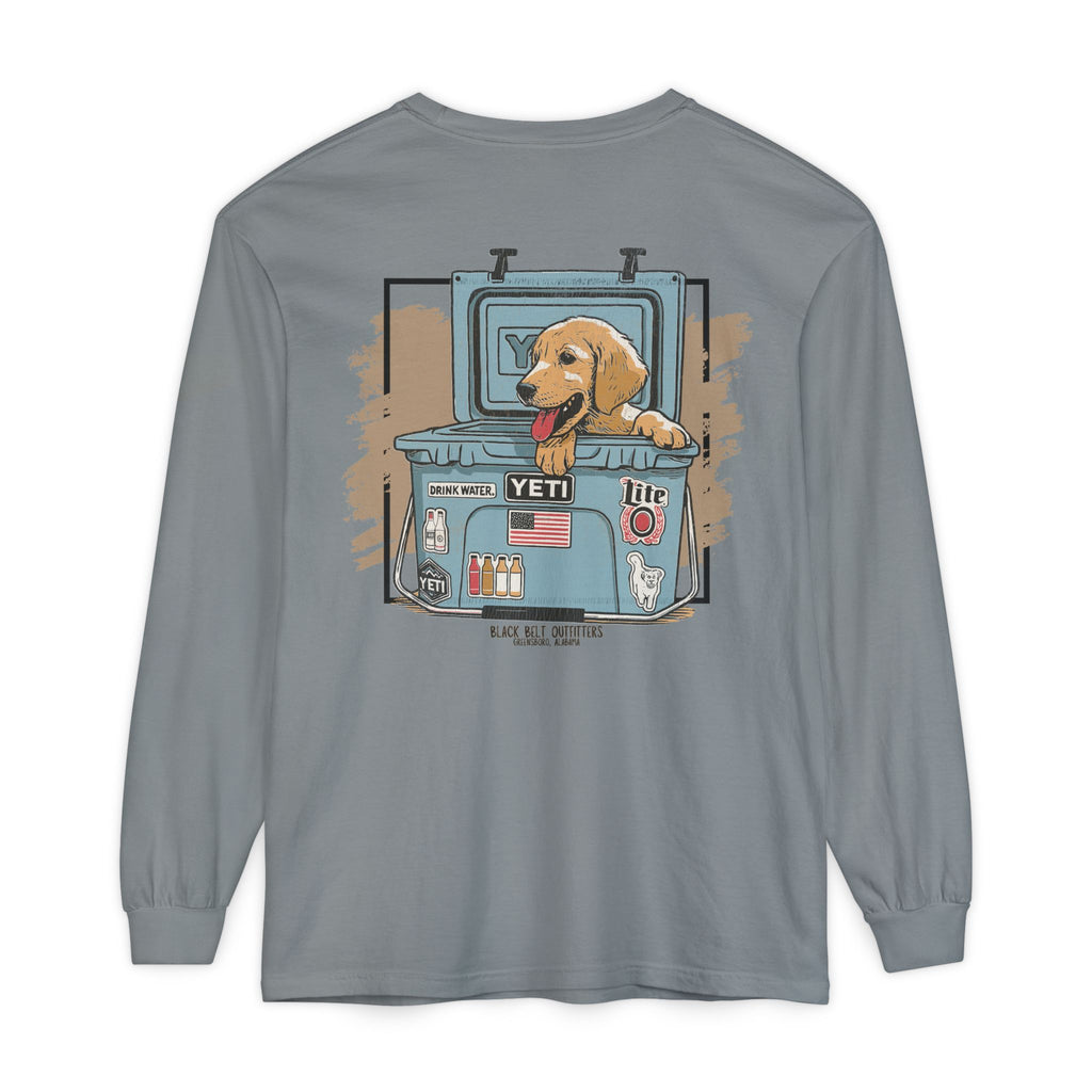 Lab Puppy in Cooler Unisex Garment-Dyed Long Sleeve T-Shirt, Casual Wear, Gift for Him/Her, Streetwear, Everyday Comfort, Comfortable Layering