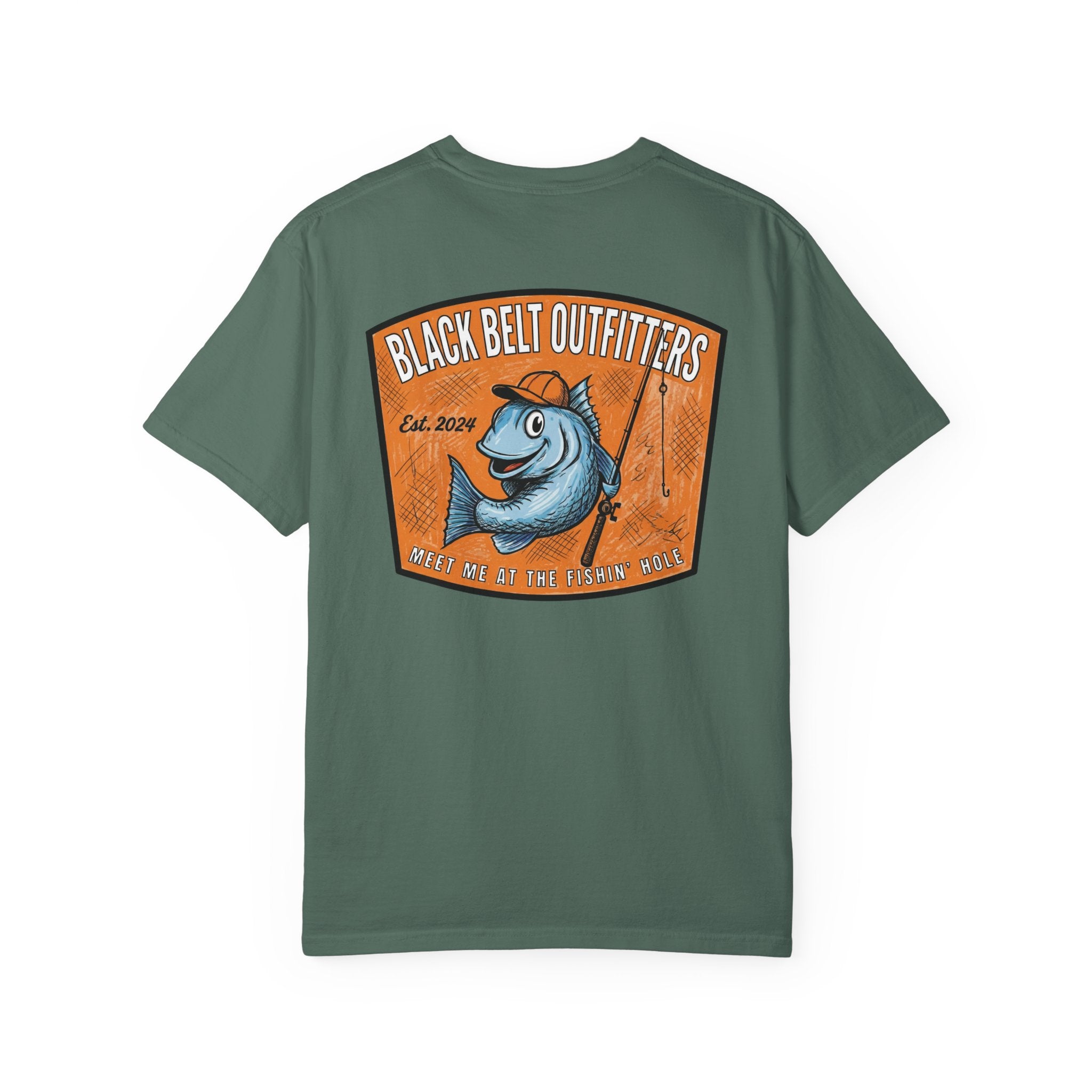 Meet Me at the Fishin’ Hole Fishing Logo T-Shirt — “Black Belt Outfitters” Vintage Fish Graphic