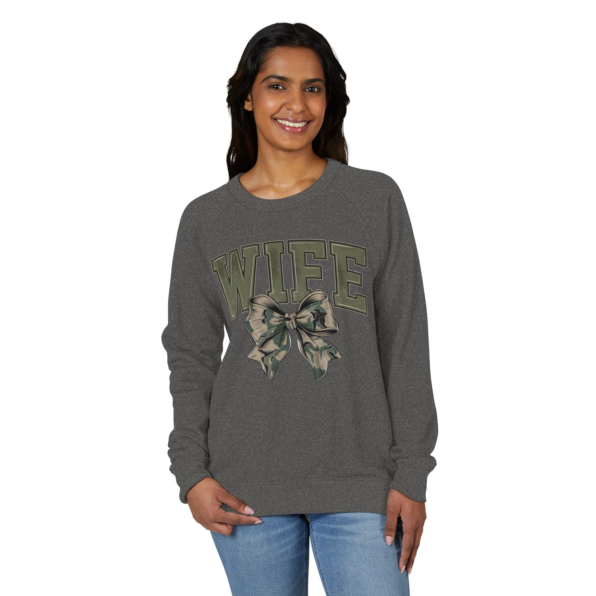 WIFE Camo Bow Crewneck Sweatshirt – Military-Inspired Cozy Pullover for Brides & Military Spouses