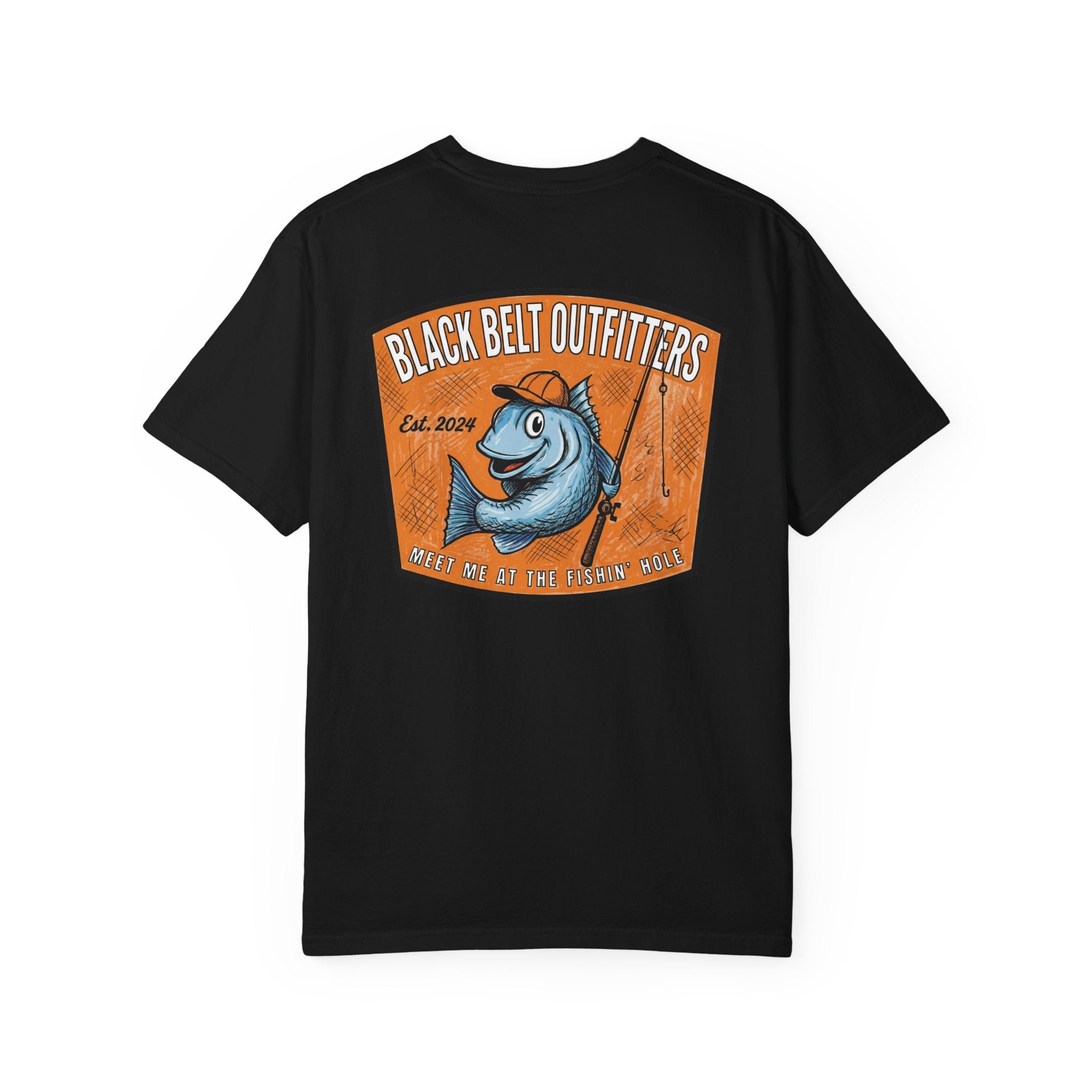 Meet Me at the Fishin’ Hole Fishing Logo T-Shirt — “Black Belt Outfitters” Vintage Fish Graphic