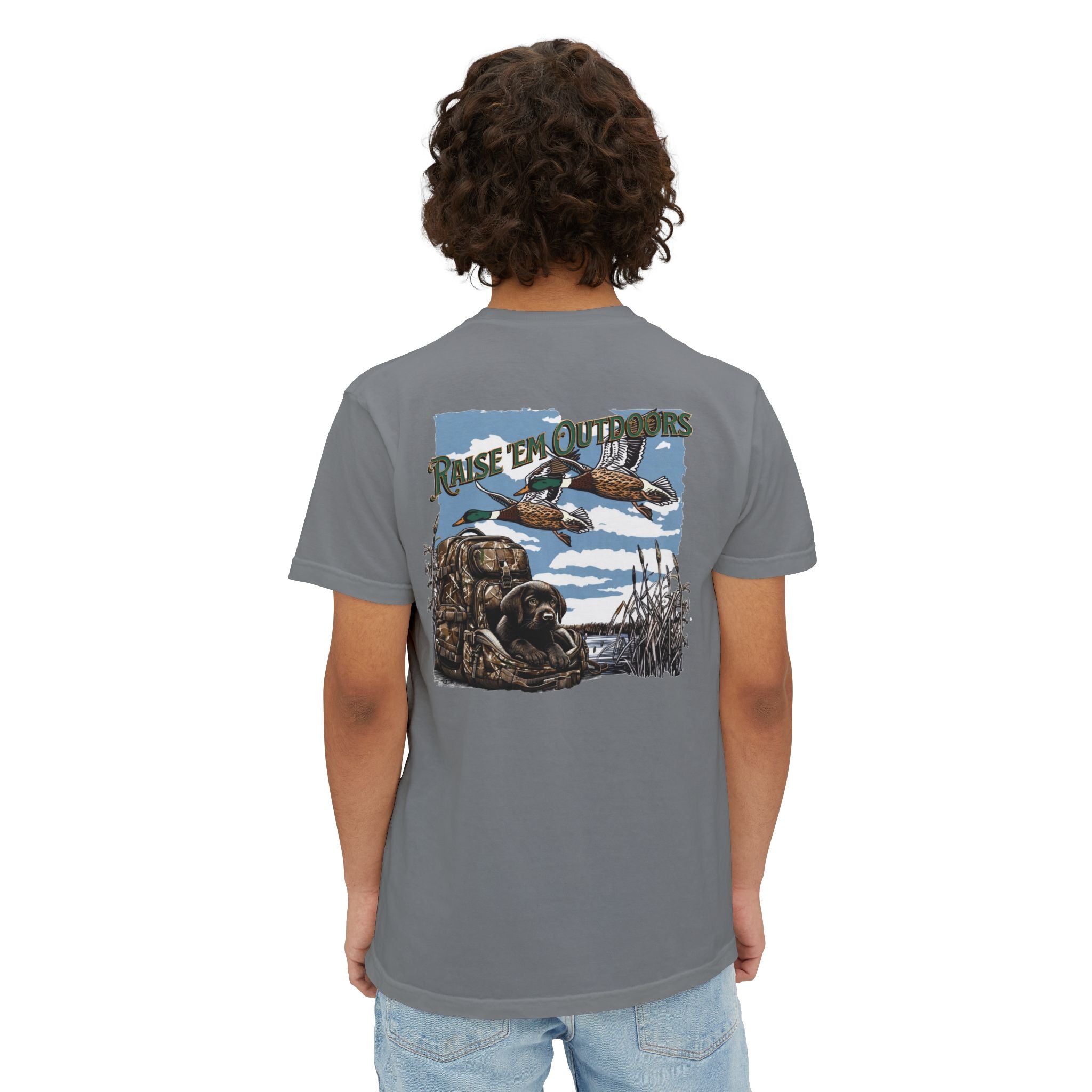 Black belt outfitters hunting, hunting dog , Custom design , Raise them outdoors , Duck hunting , ducks Unisex Garment-Dyed Pocket T-Shirt