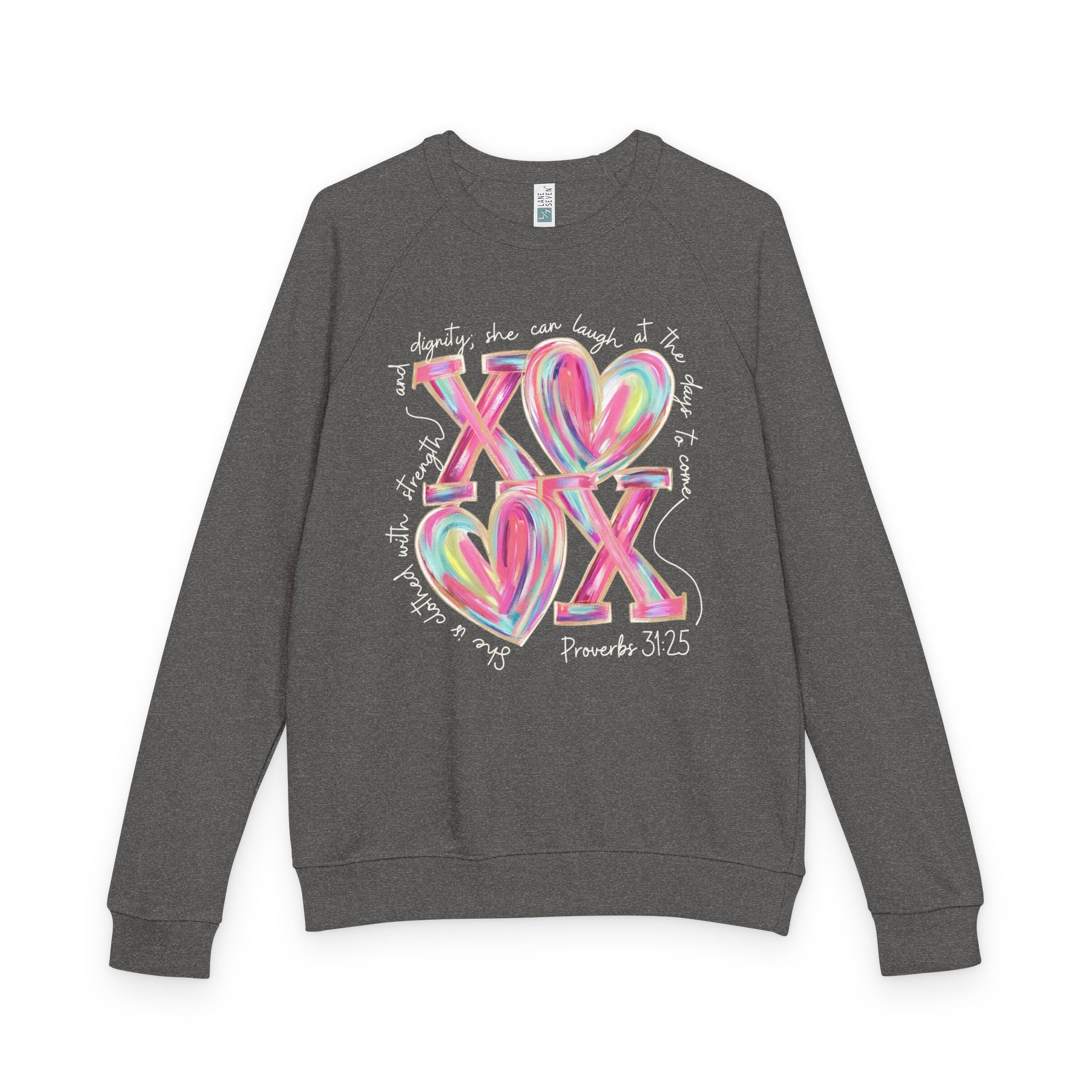XO Proverbs 31:25 She is clothed - Raglan Crewneck Sweatshirt — Colorful Faith Graphic