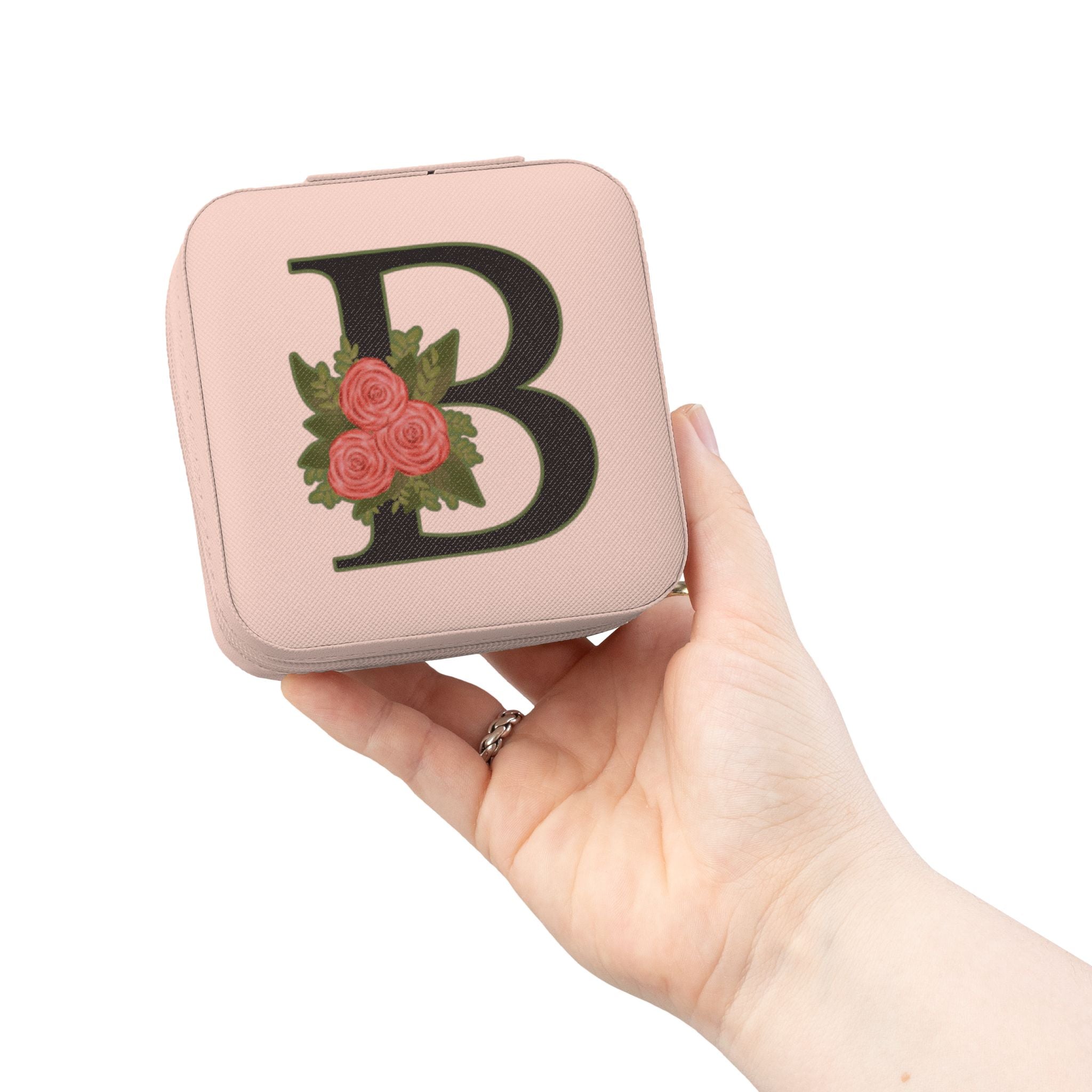 Monogram 'B' Floral Jewelry Travel Case — Compact Pink Jewelry Organizer