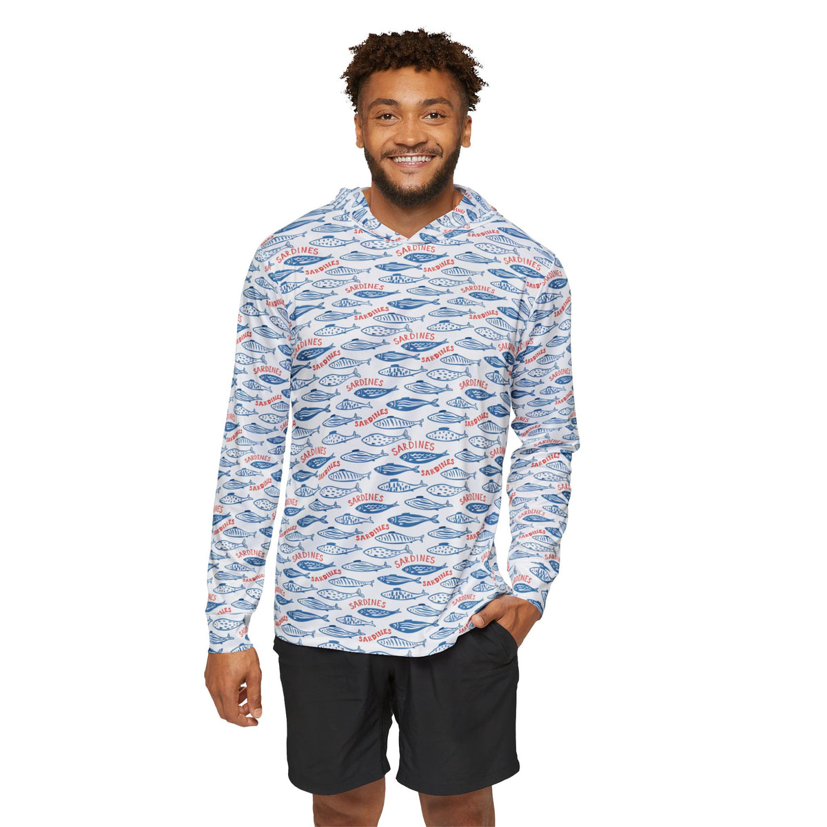 Whimsy Sardine Pattern Warmup Hoodie – All-Over-Print Coastal Fishing Pullover