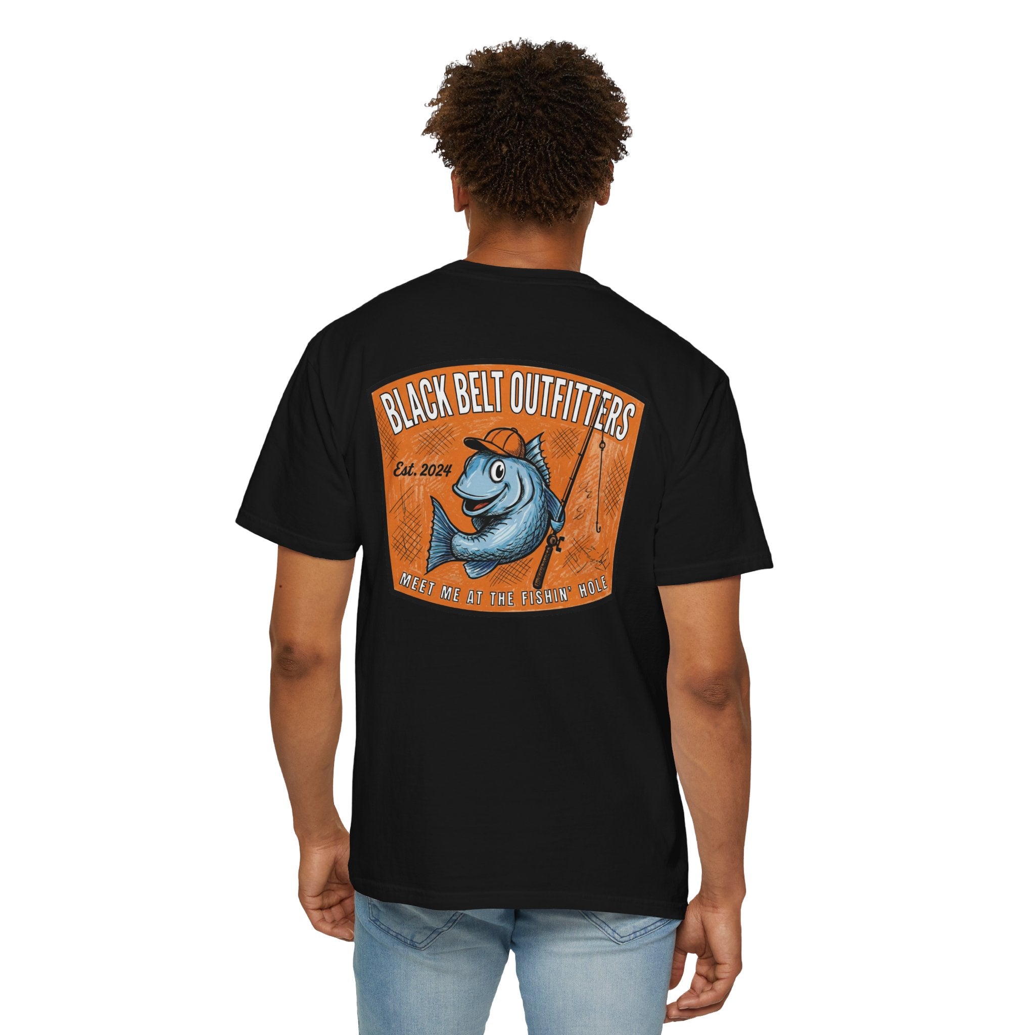 Meet Me at the Fishin’ Hole Fishing Logo T-Shirt — “Black Belt Outfitters” Vintage Fish Graphic