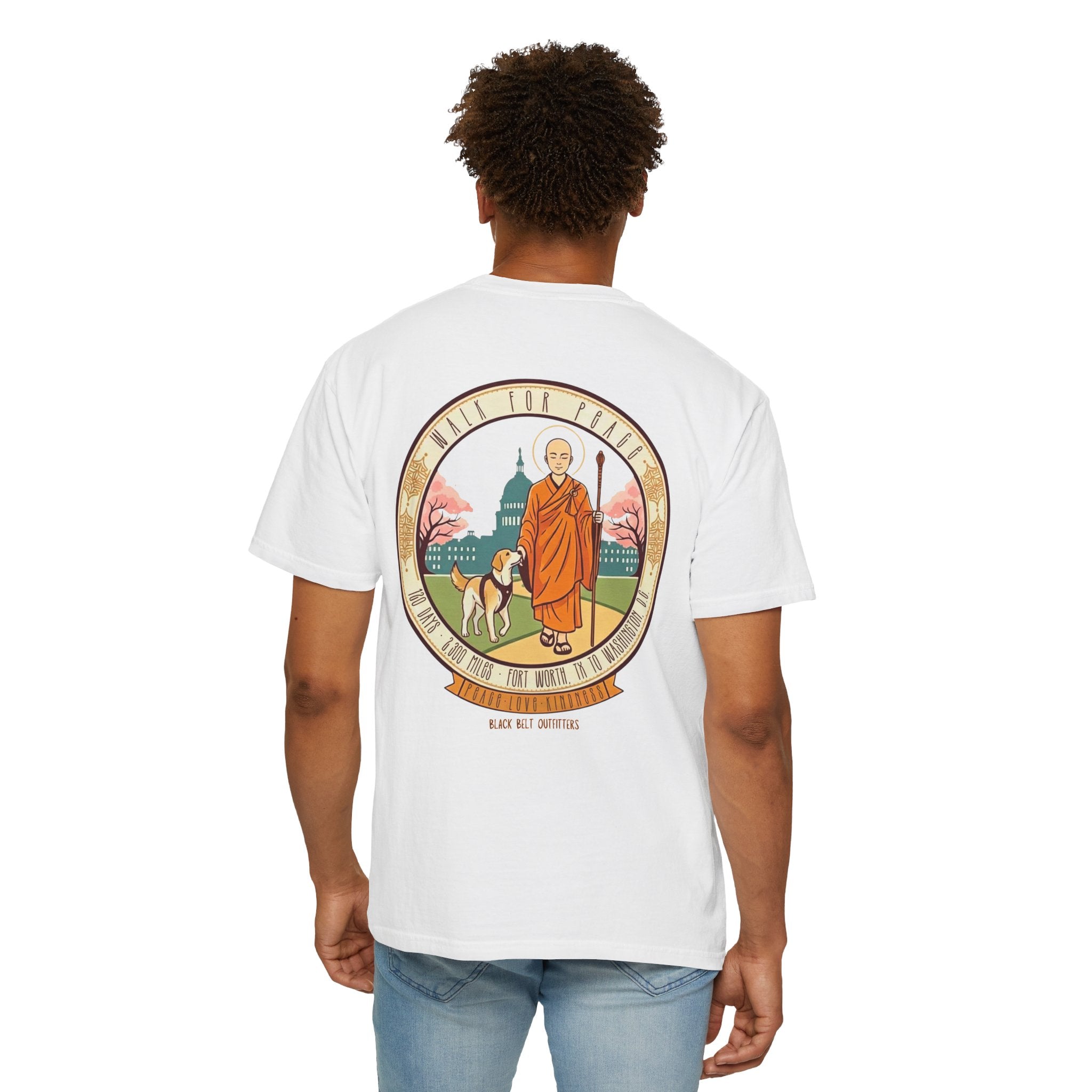 Walk for Peace T‑Shirt — Buddhist Monk & Dog Illustration