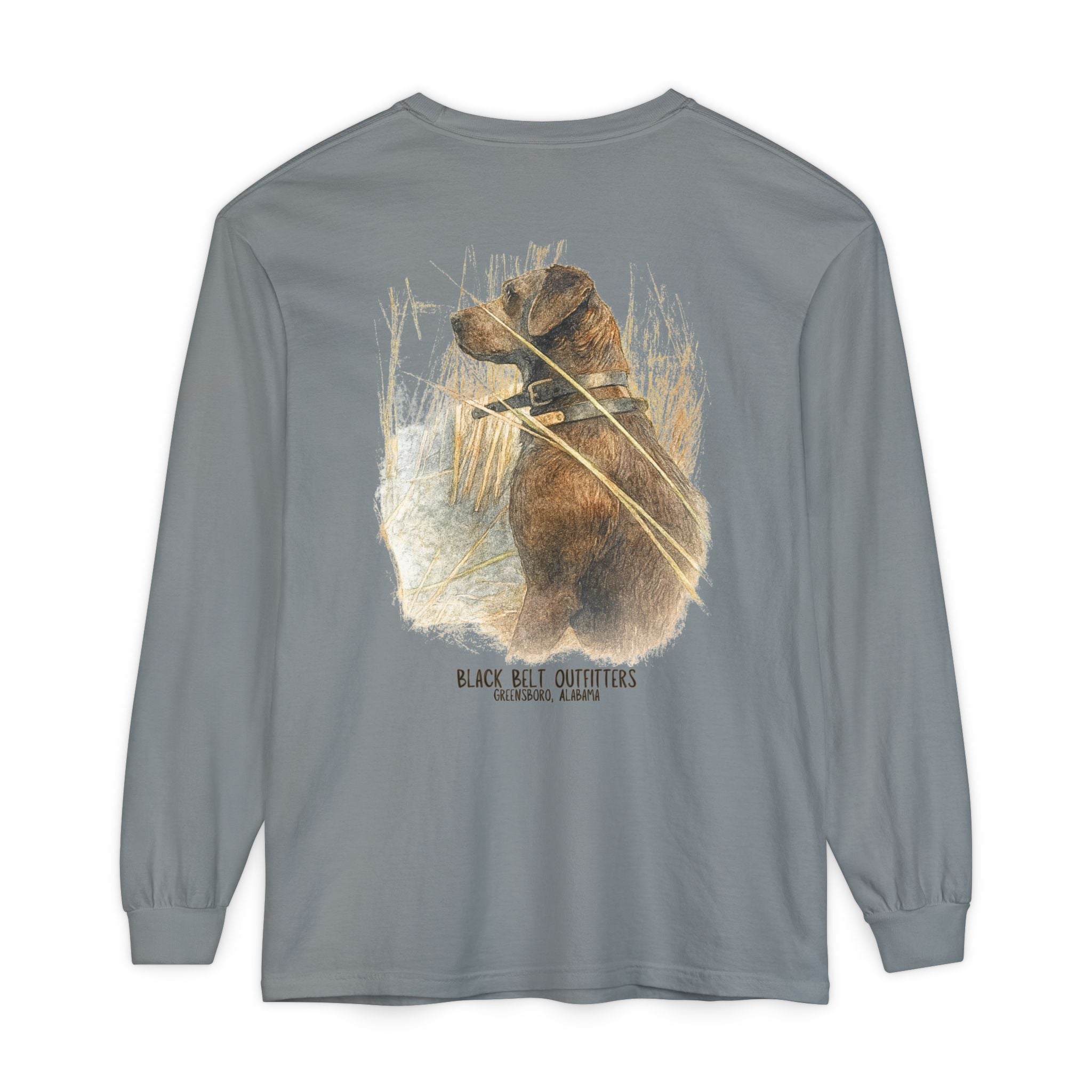 Mae the Duck Dog Lab Unisex Garment-Dyed Long Sleeve T-Shirt, Casual Wear, Gift for Him/Her, Streetwear, Everyday Comfort, Comfortable Layering