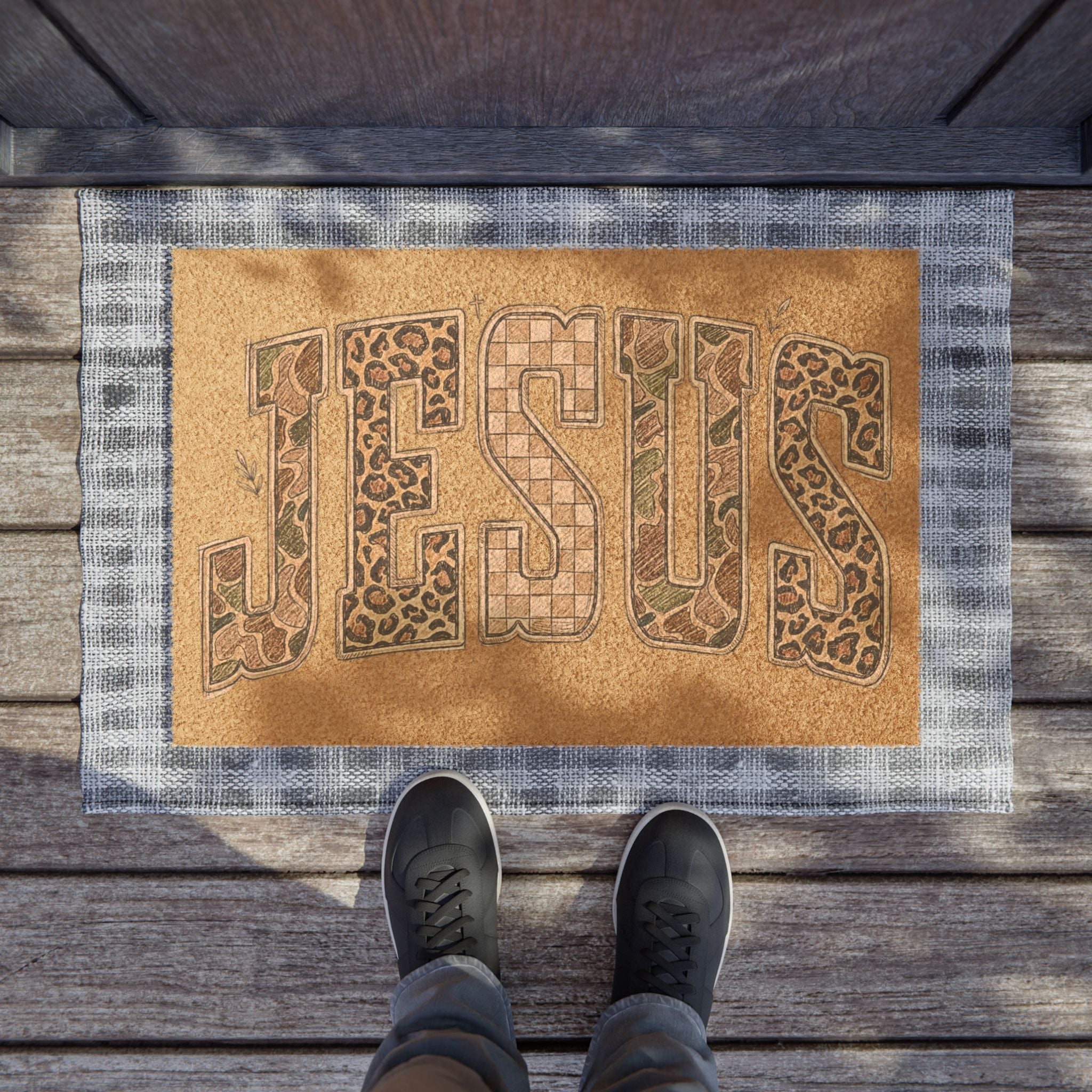Jesus Doormat - Rustic Leopard Patchwork Welcome Mat for Faith Home