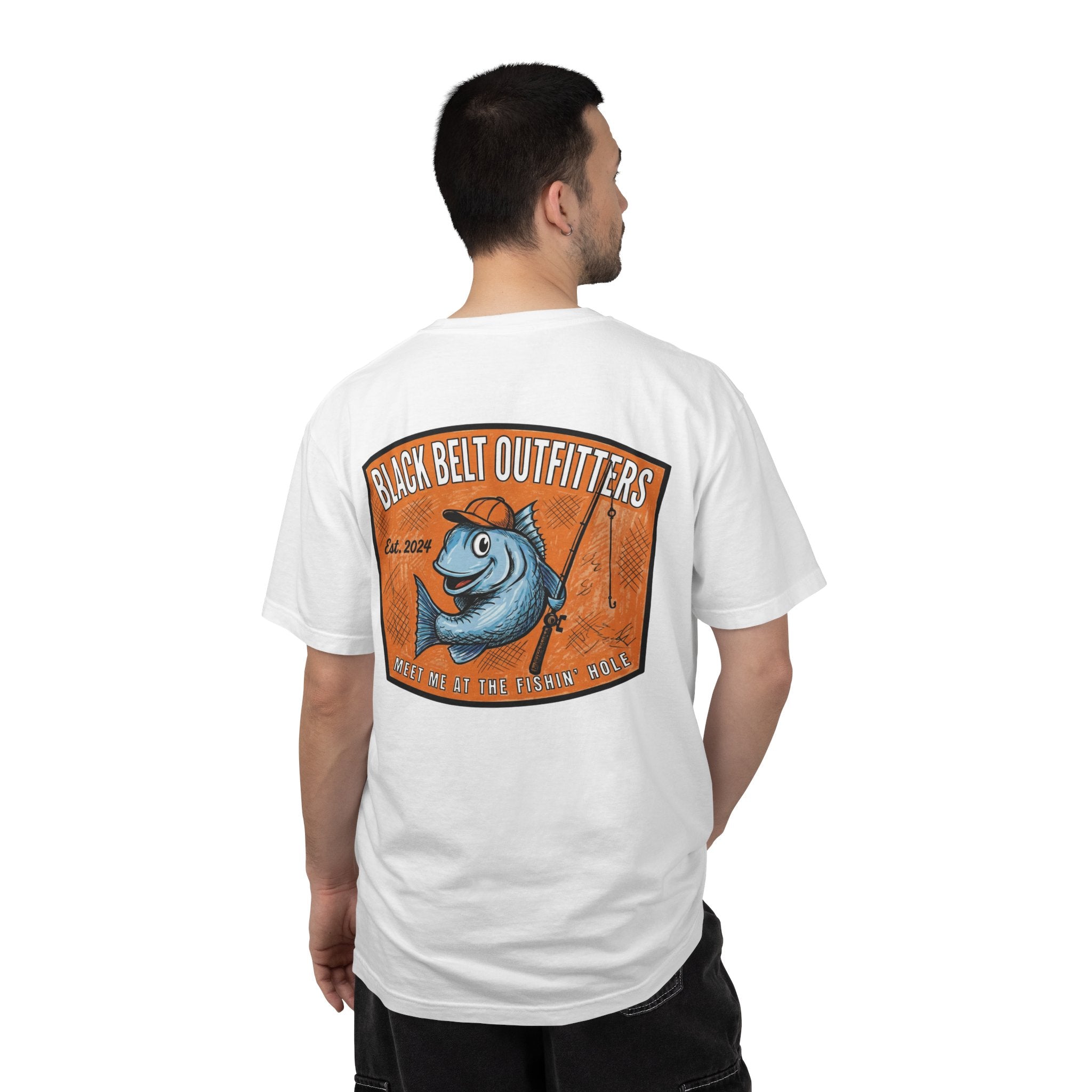 Meet Me at the Fishin’ Hole Fishing Logo T-Shirt — “Black Belt Outfitters” Vintage Fish Graphic