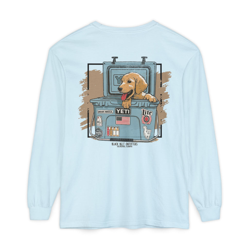 Lab Puppy in Cooler Unisex Garment-Dyed Long Sleeve T-Shirt, Casual Wear, Gift for Him/Her, Streetwear, Everyday Comfort, Comfortable Layering