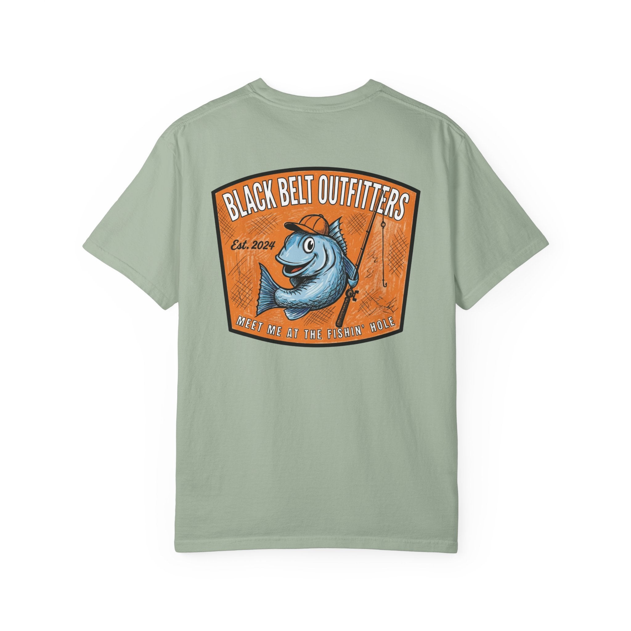 Meet Me at the Fishin’ Hole Fishing Logo T-Shirt — “Black Belt Outfitters” Vintage Fish Graphic