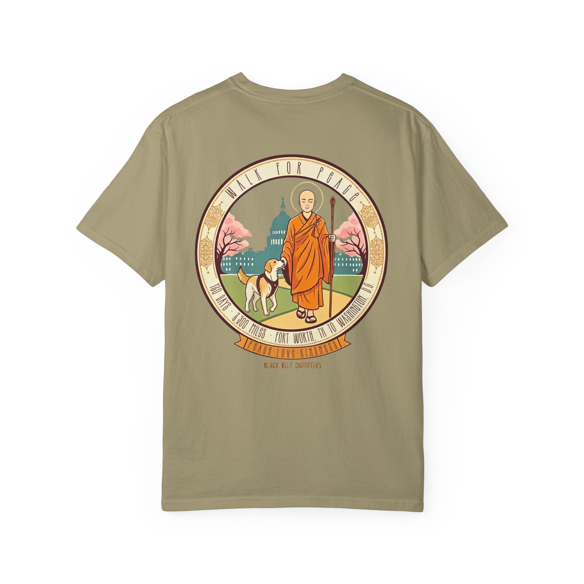Walk for Peace T‑Shirt — Buddhist Monk & Dog Illustration