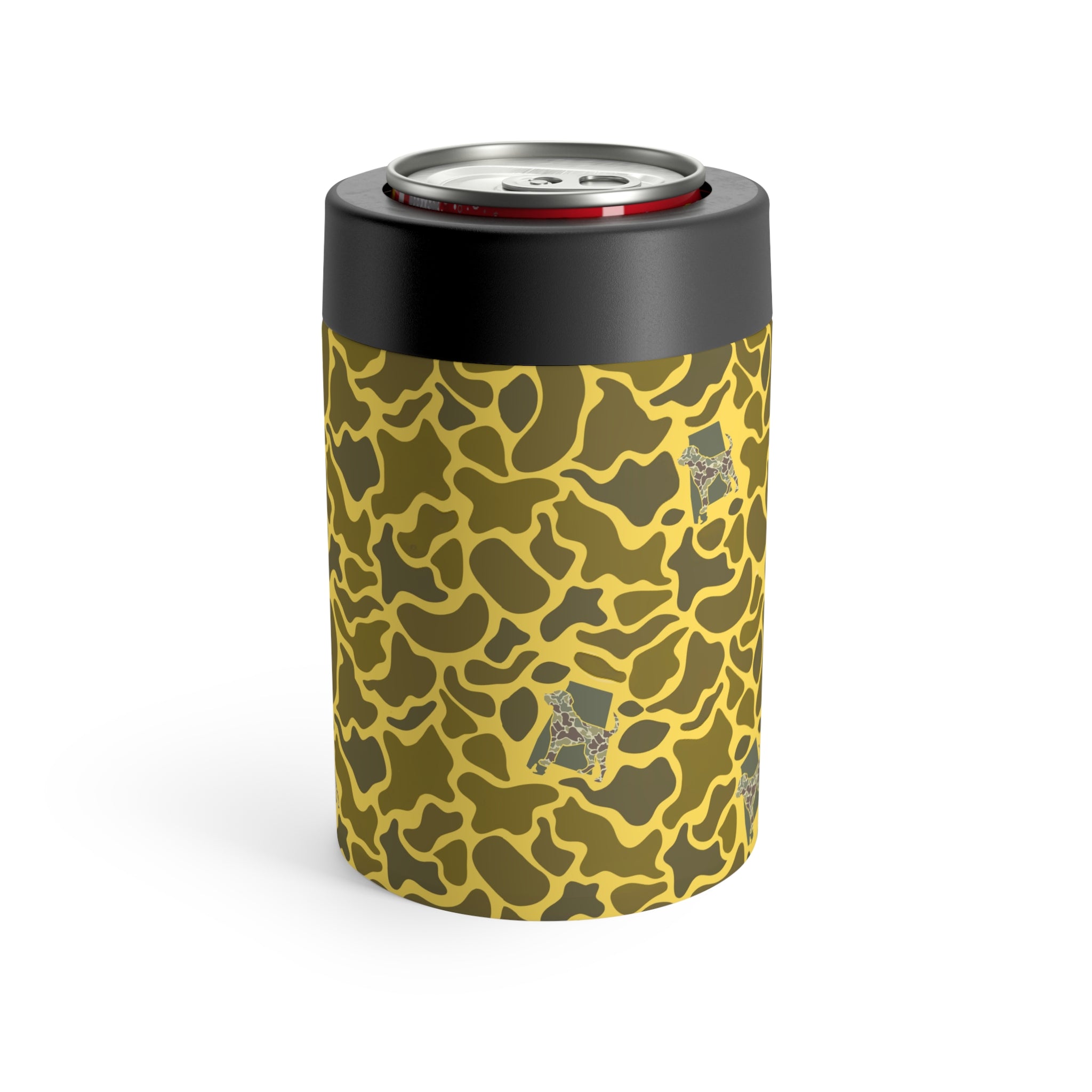 Black Belt Logo Yellow Camo Can Holder, Rustic Drink Insulator, Camping Accessory, Outdoor Party Favor, Unique Gifts for Him