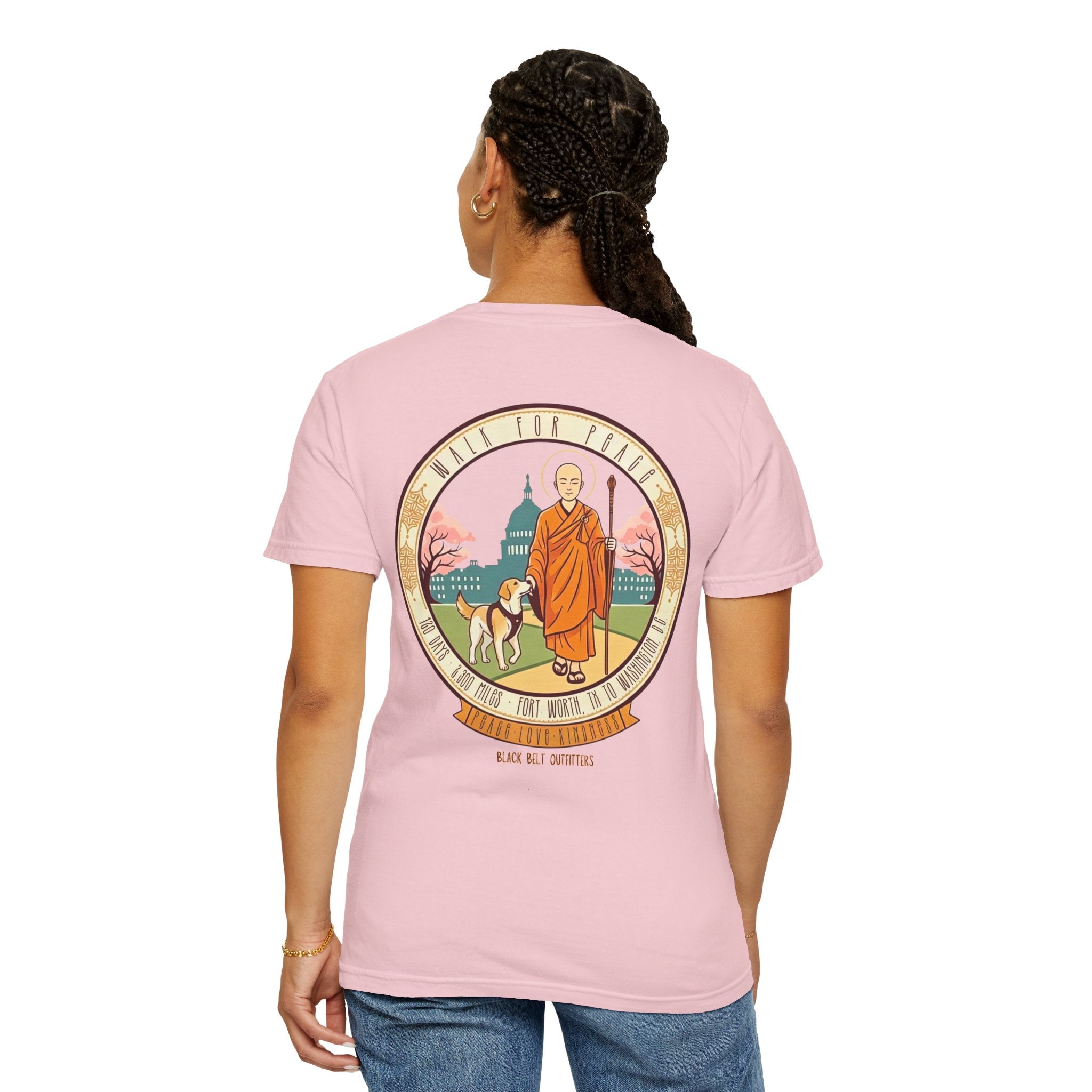 Walk for Peace T‑Shirt — Buddhist Monk & Dog Illustration
