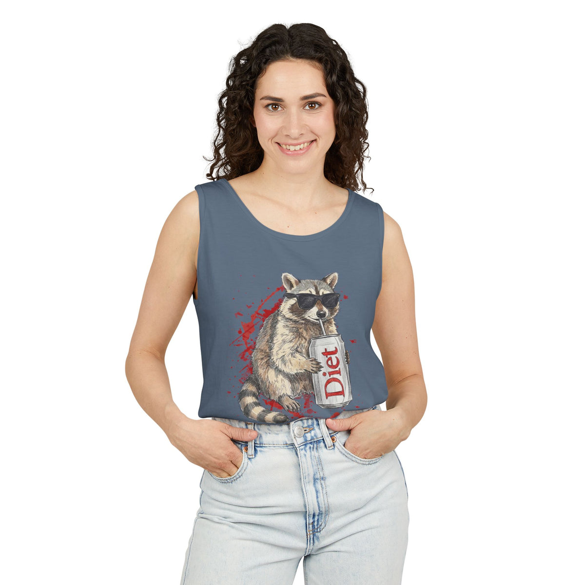 Soda Drinking, Sunglasses, Raccoon Tank Top