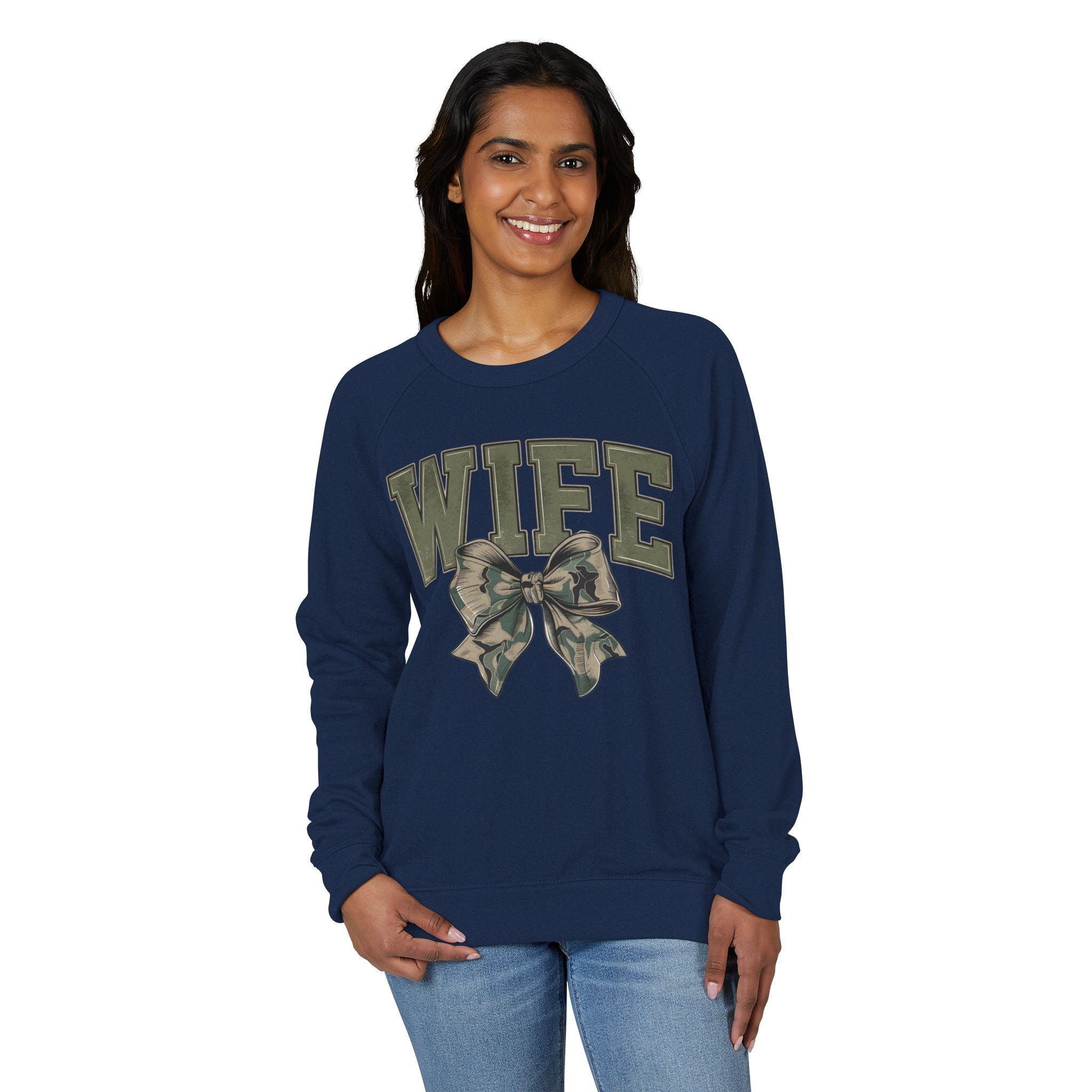 WIFE Camo Bow Crewneck Sweatshirt – Military-Inspired Cozy Pullover for Brides & Military Spouses