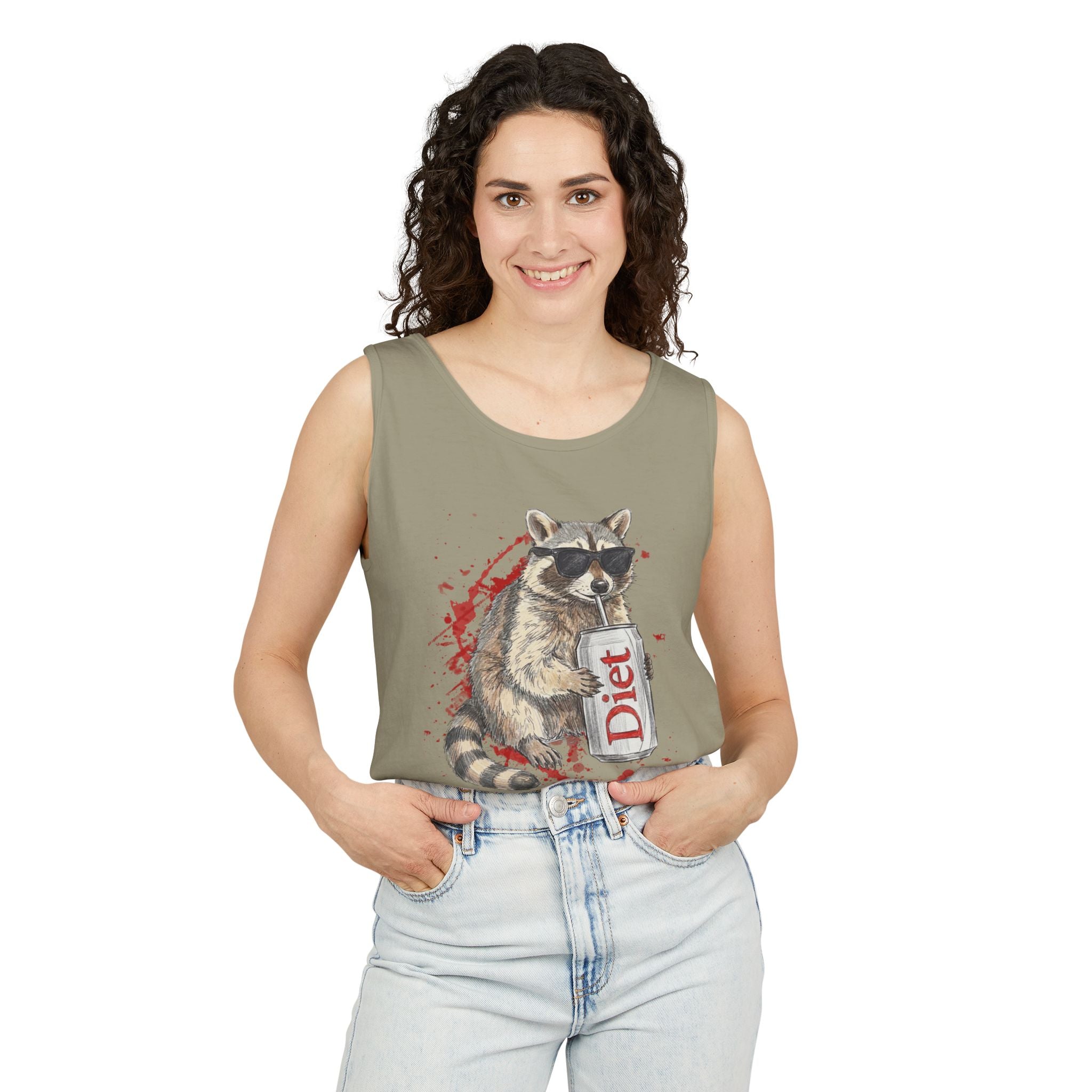 Soda Drinking, Sunglasses, Raccoon Tank Top