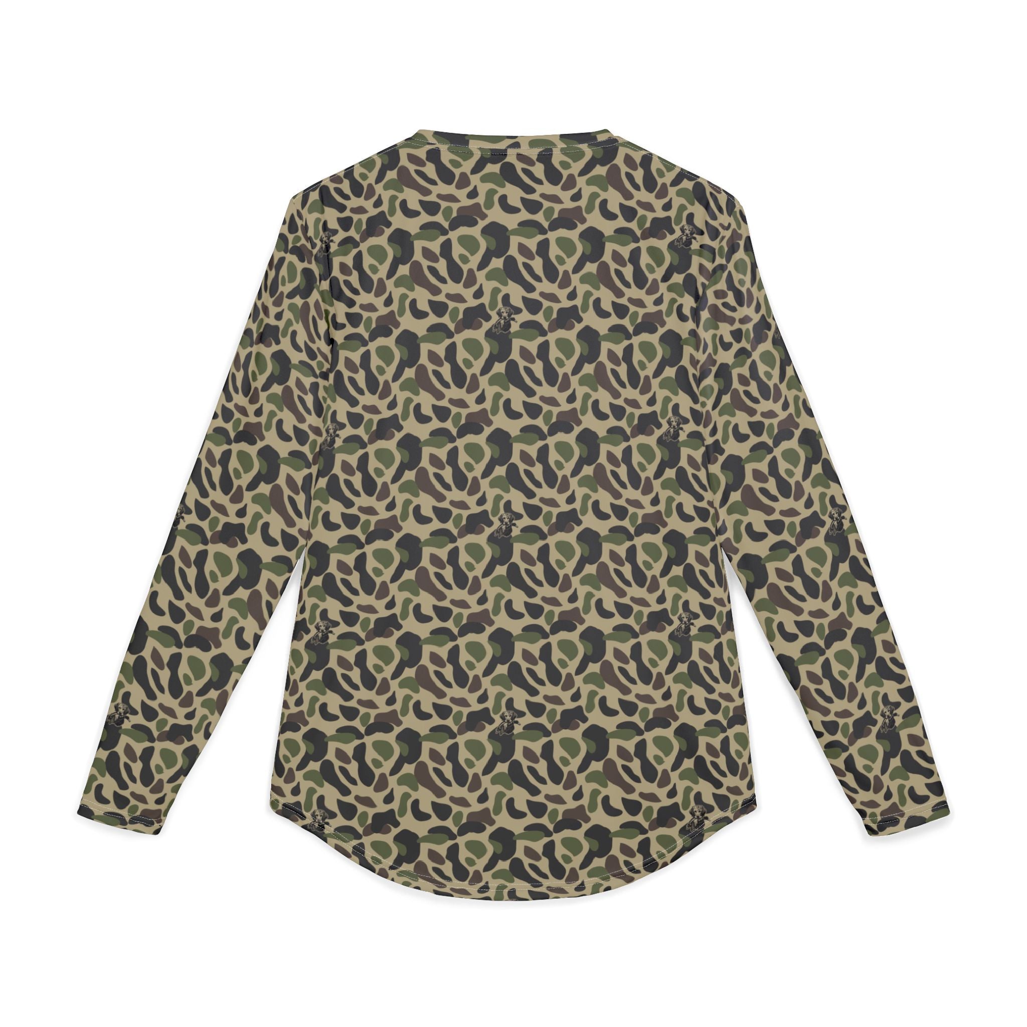 RiverDog Duck Hunting Camo Long Sleeve UV Shirt — All-Over Olive Leopard Print