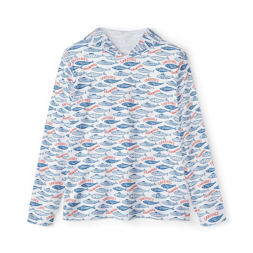 Whimsy Sardine Pattern Warmup Hoodie – All-Over-Print Coastal Fishing Pullover