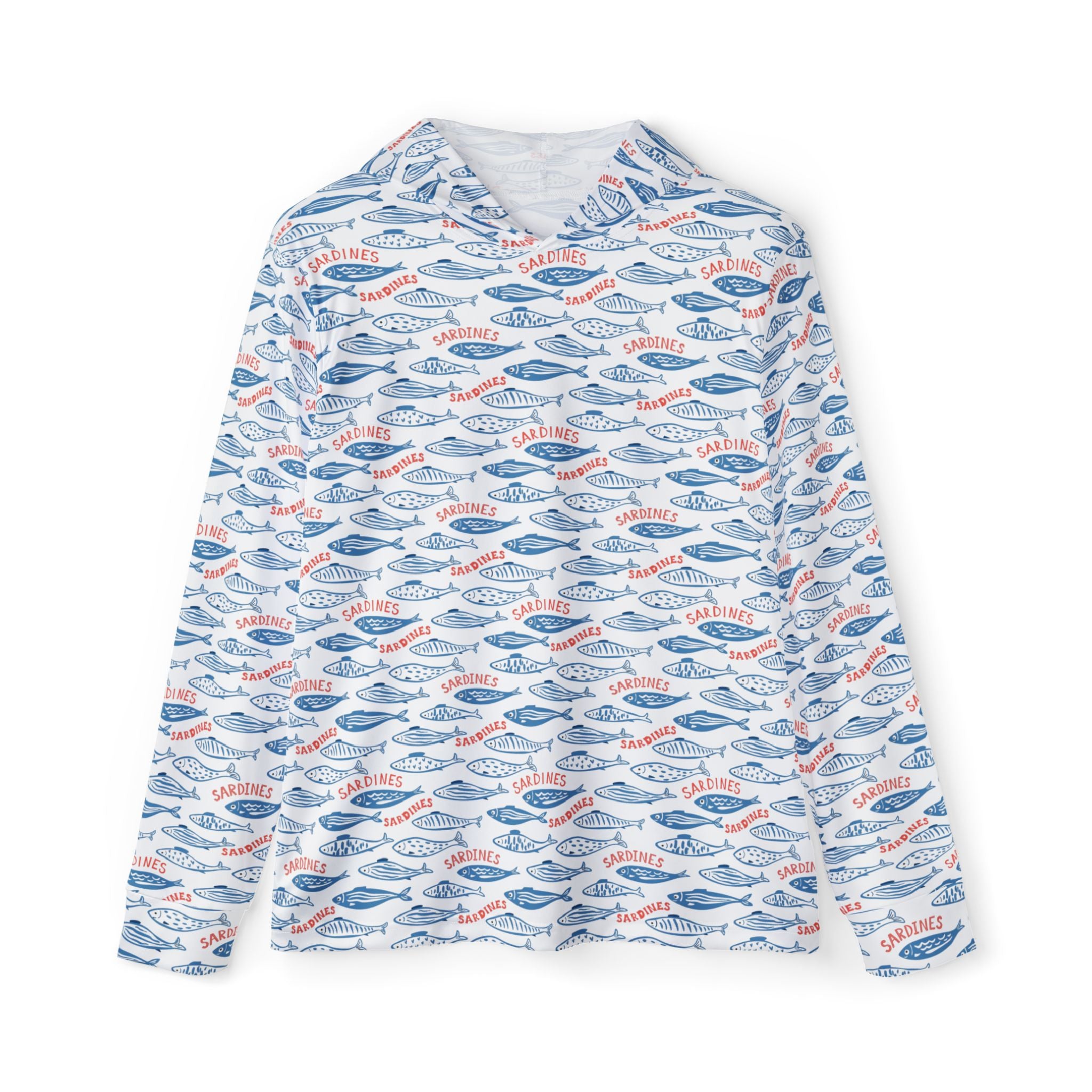 Whimsy Sardine Pattern Warmup Hoodie – All-Over-Print Coastal Fishing Pullover