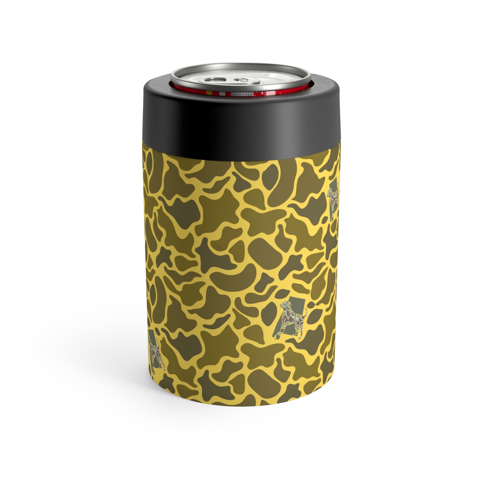 Black Belt Logo Yellow Camo Can Holder, Rustic Drink Insulator, Camping Accessory, Outdoor Party Favor, Unique Gifts for Him