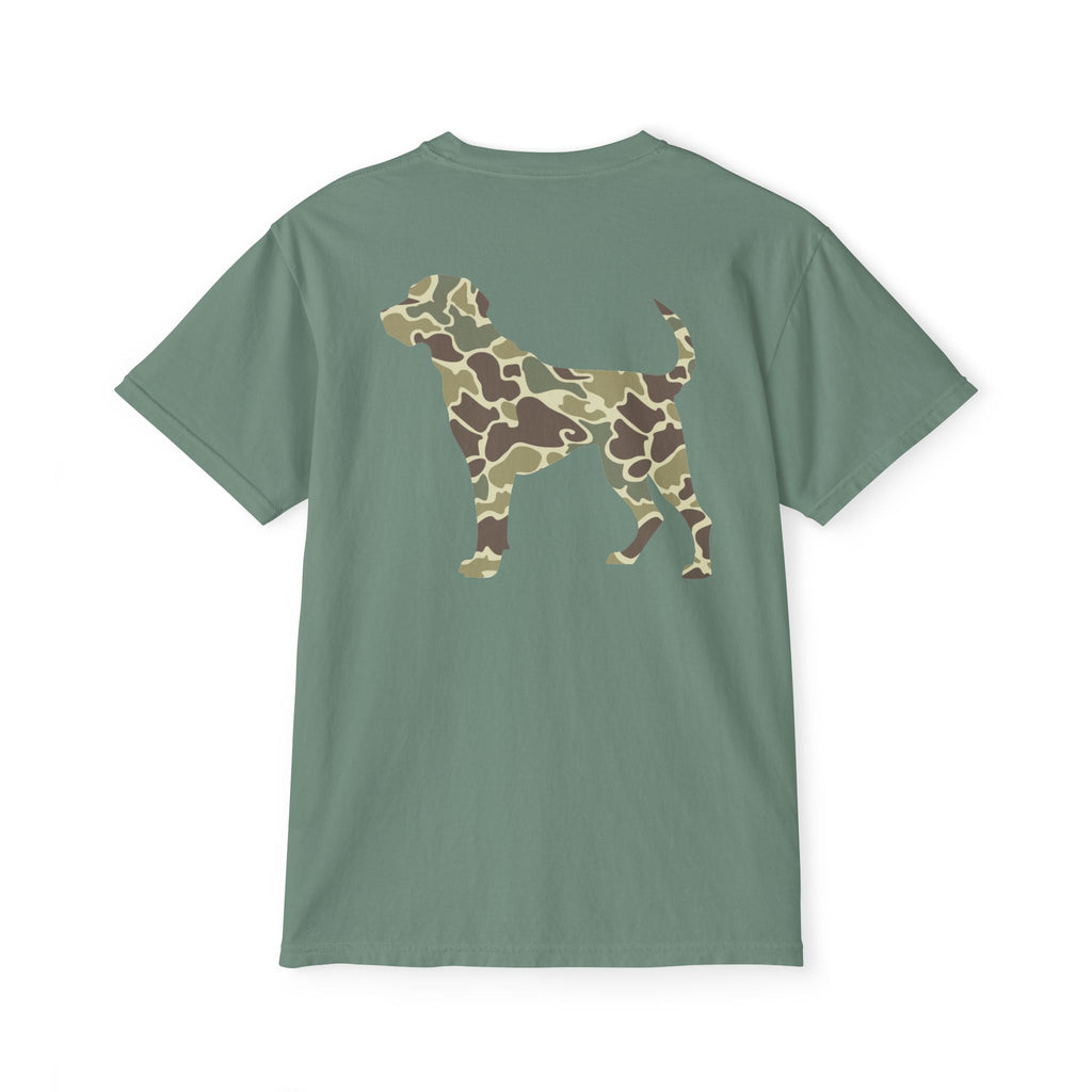Black belt outfitters hunting dog , old camo, Custom design , Raise them outdoors , Duck hunting , ducks Unisex Garment-Dyed Pocket T-Shirt