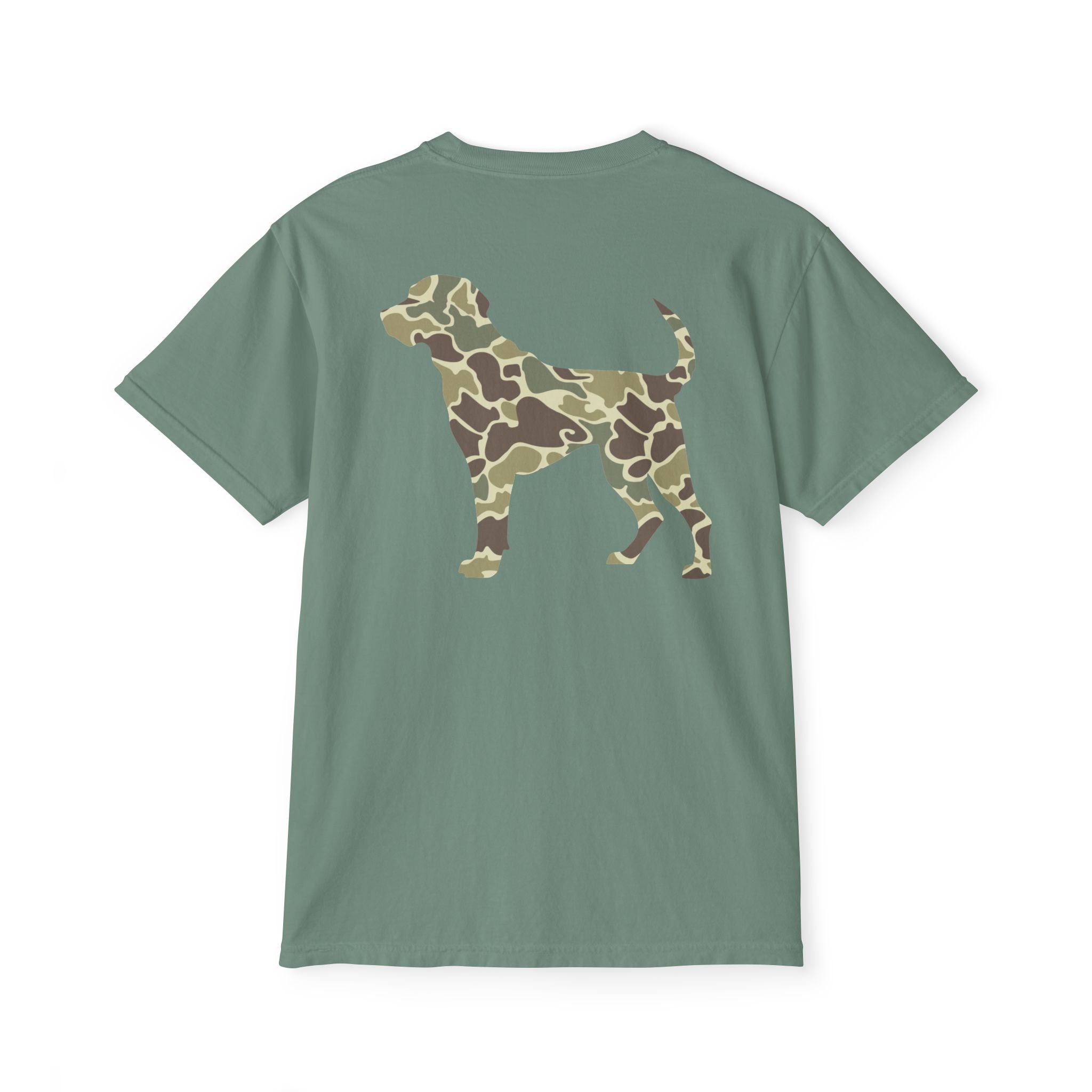 Black belt outfitters hunting dog , old camo, Custom design , Raise them outdoors , Duck hunting , ducks Unisex Garment-Dyed Pocket T-Shirt
