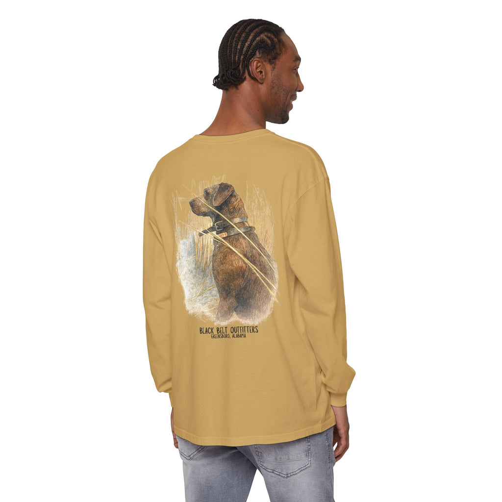 Mae the Duck Dog Lab Unisex Garment-Dyed Long Sleeve T-Shirt, Casual Wear, Gift for Him/Her, Streetwear, Everyday Comfort, Comfortable Layering