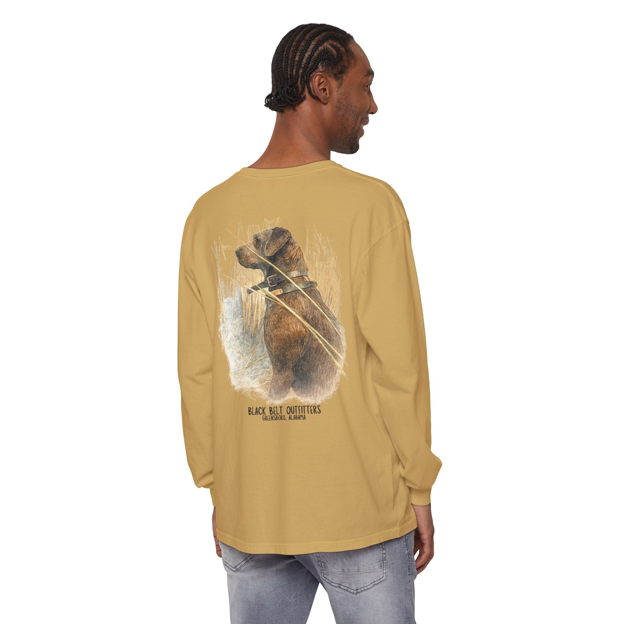 Mae the Duck Dog Lab Unisex Garment-Dyed Long Sleeve T-Shirt, Casual Wear, Gift for Him/Her, Streetwear, Everyday Comfort, Comfortable Layering