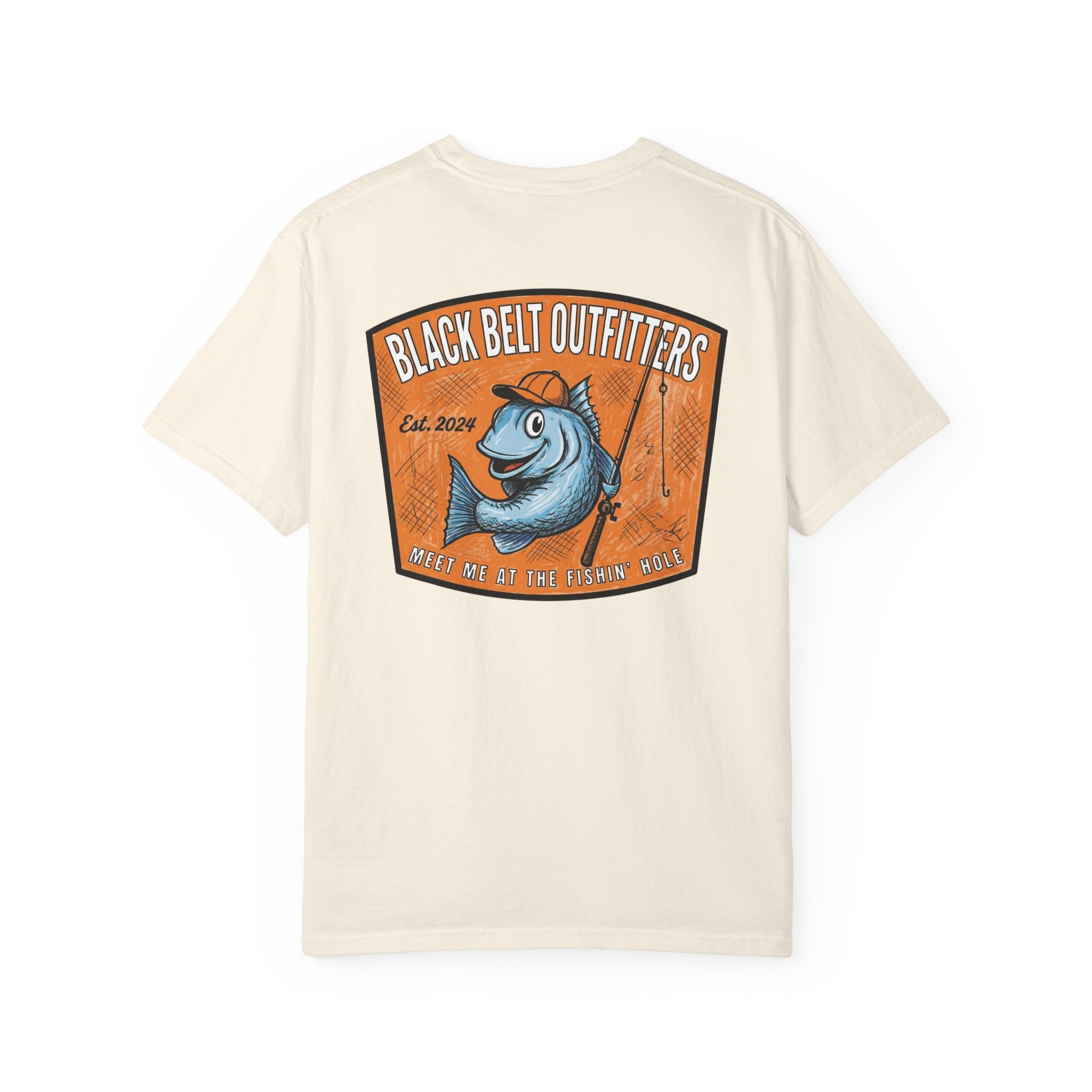 Meet Me at the Fishin’ Hole Fishing Logo T-Shirt — “Black Belt Outfitters” Vintage Fish Graphic