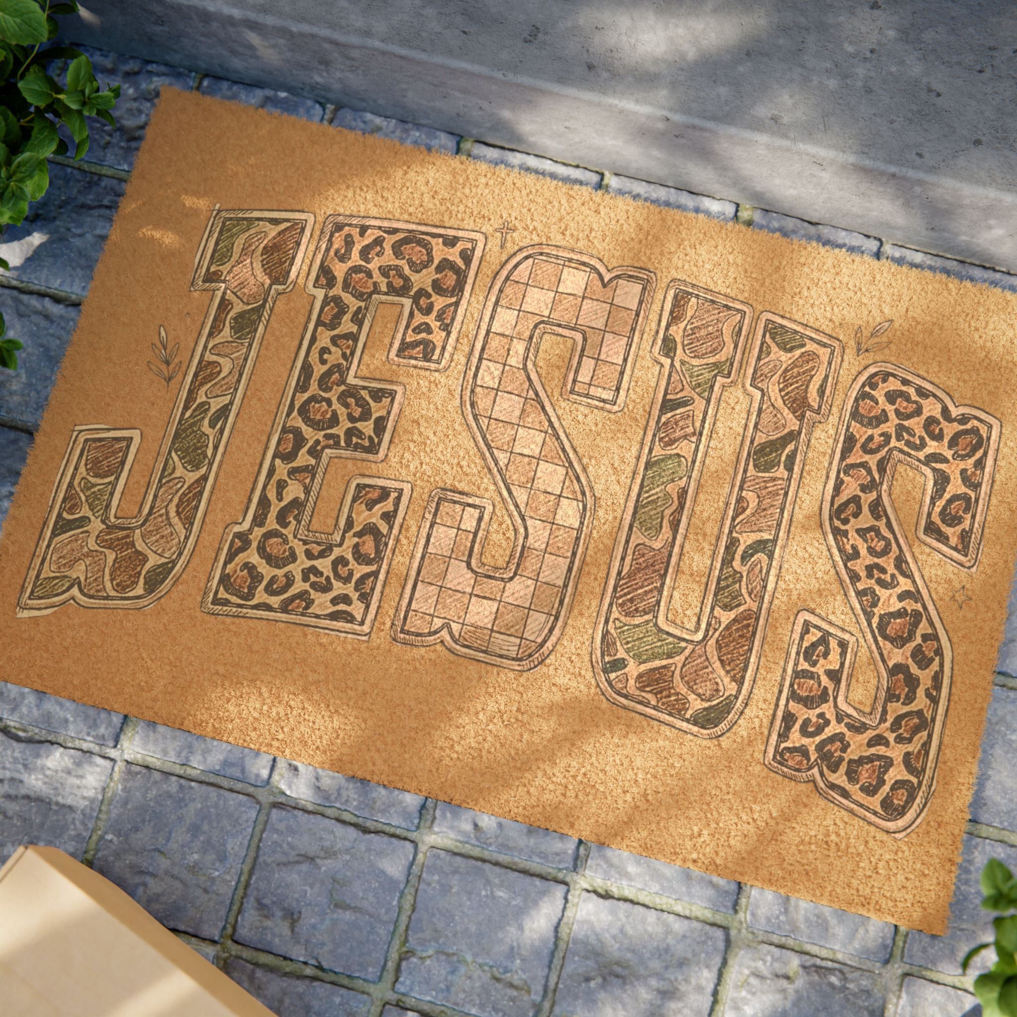 Jesus Doormat - Rustic Leopard Patchwork Welcome Mat for Faith Home